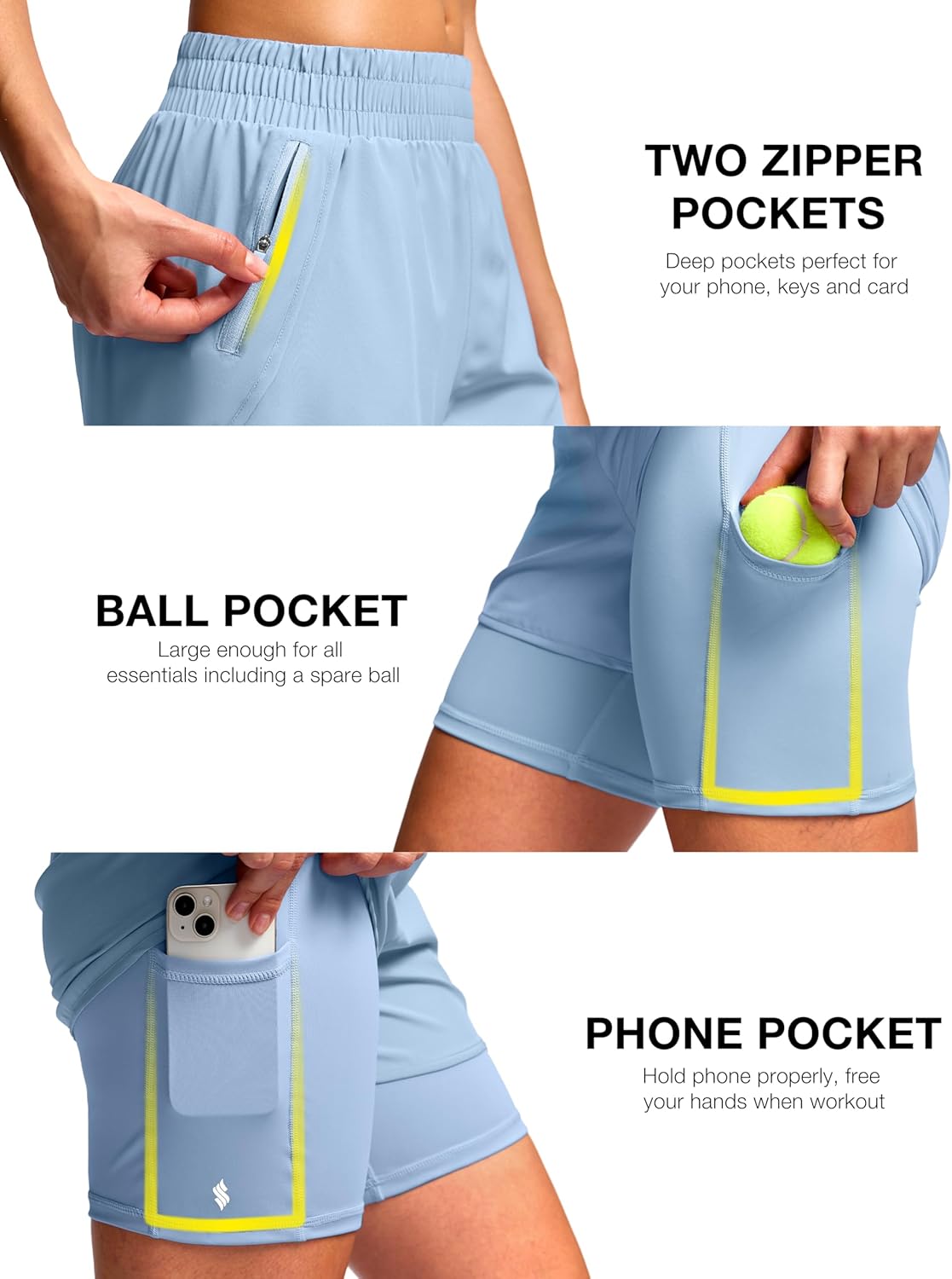 Soothfeel Women's 2 in 1 Athletic Running Shorts with Liner Zipper Pocket 5" High Waisted Gym Workout Tennis Shorts for Women