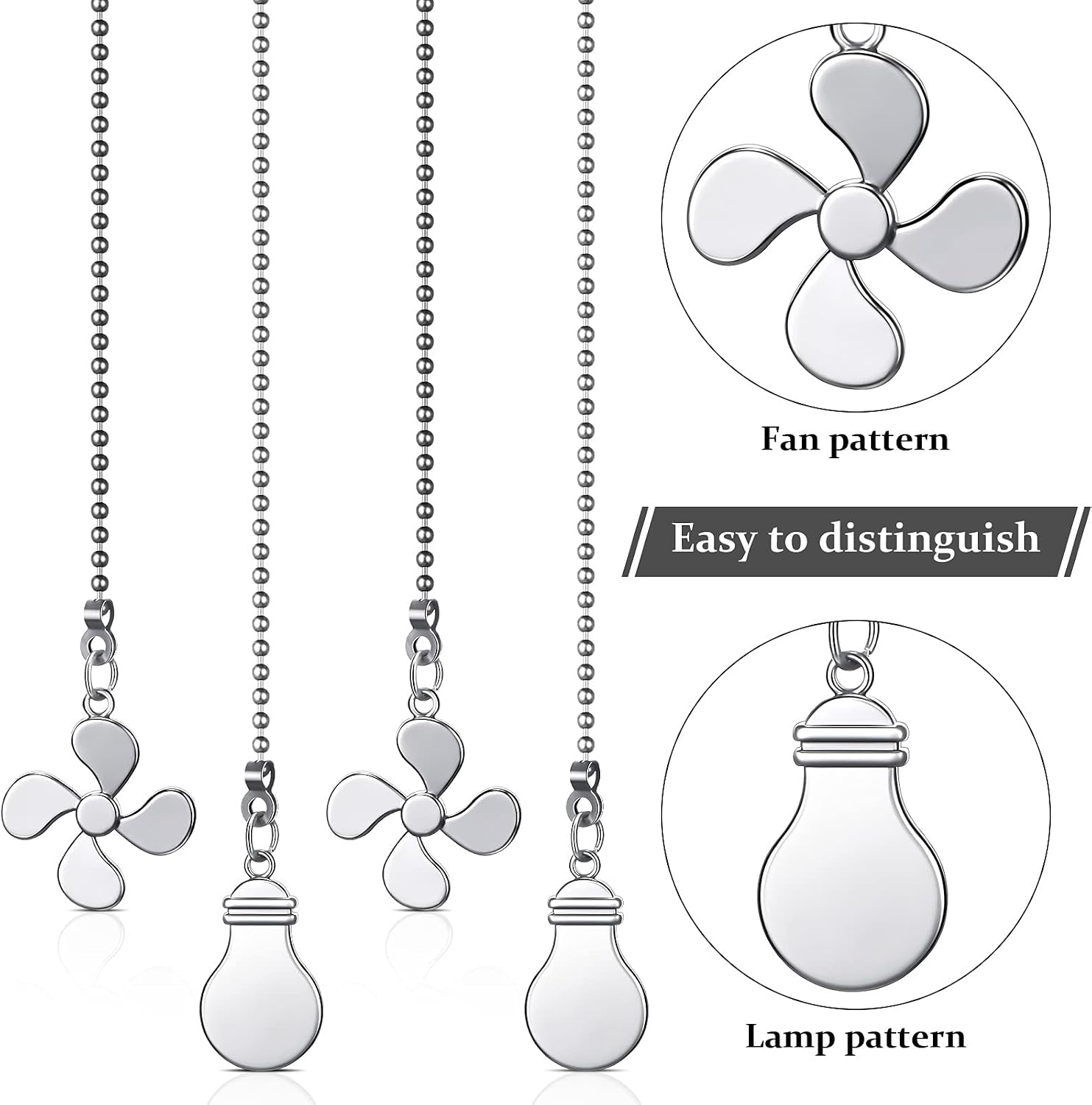 Ceiling Fan Pull Chain Fan Extension Chain Fan Chain Pulls Decorative 12 Inch Ceiling Fan Chain Extension Chain Extender Ornament with Fan and Light Bulb Chain Connector (4, Silver)