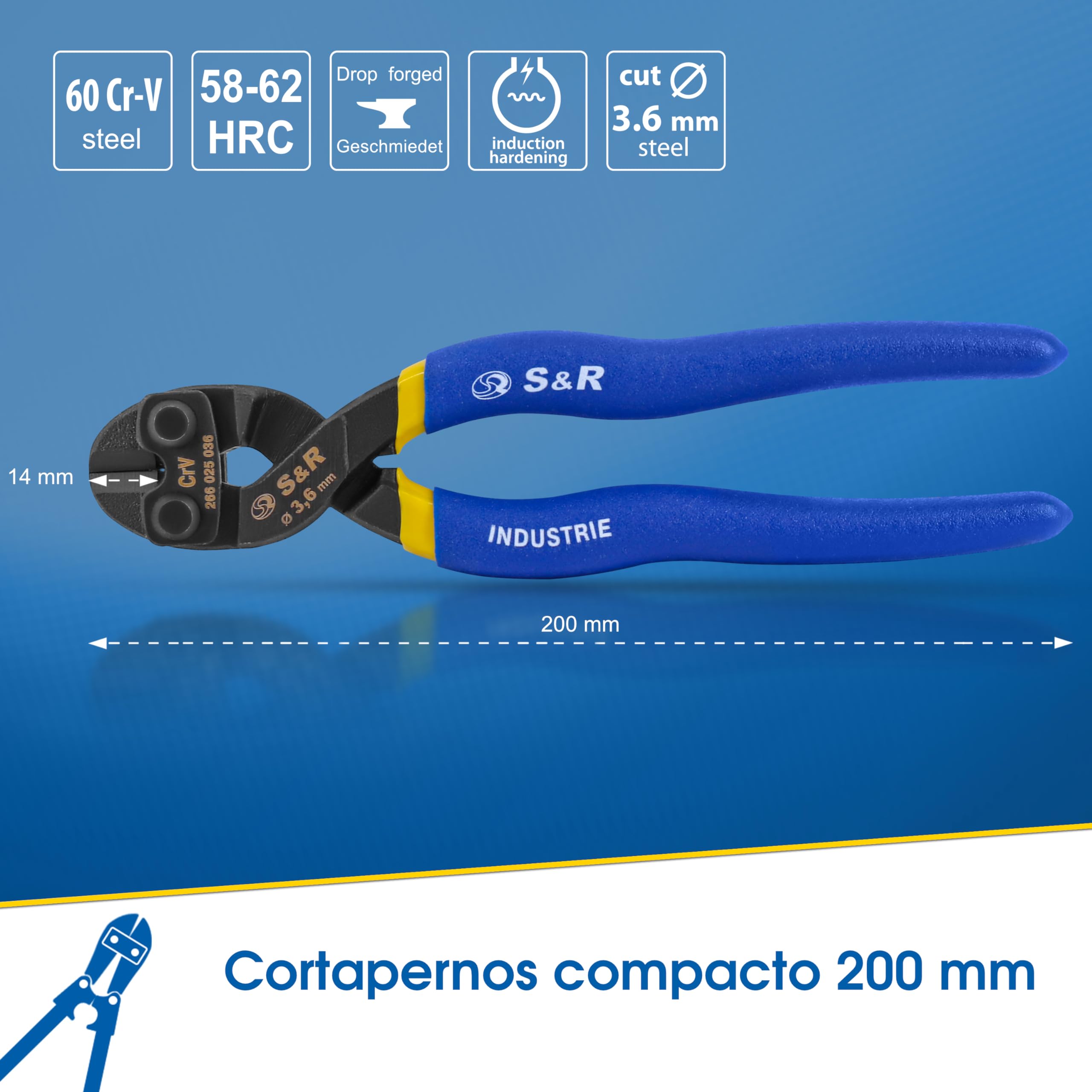 S&R Cizalla Cortapernos para Redes y Pernos de Ø 3,6 mm. Cizalla de 20 cm en acero al Cromo Molibdeno. Bordes endurecidos por inducción HRC58-62. Profesional.