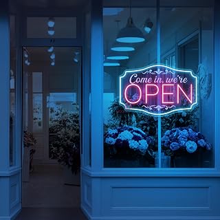 LED Neon Open Sign for Business, Adjustable Brightness Neon Lights for Party Bar Salon Stores Hotel Wall Decor Come in we're Open (Pink and Ice Blue, 16.5x11'')