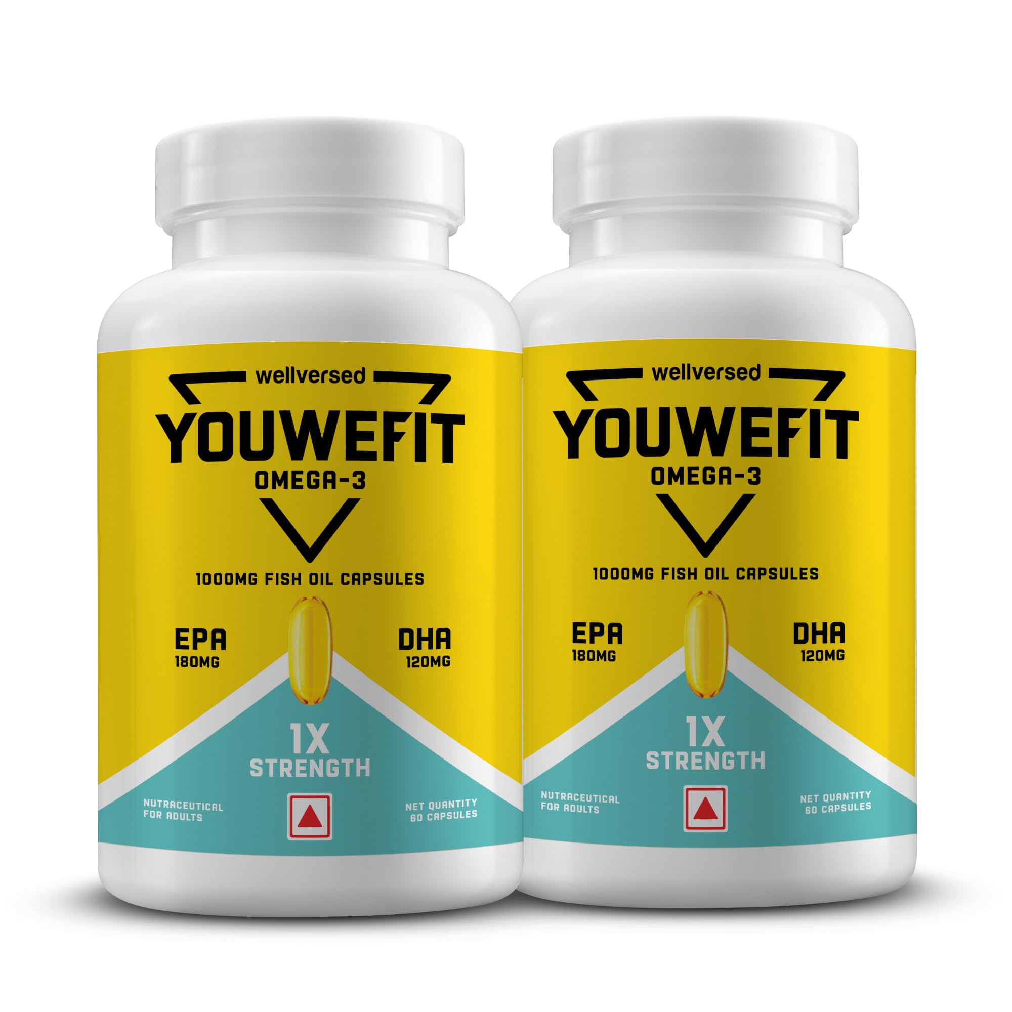 YouWeFit Daily Strength Omega 3 Fish Oil Capsules (60 Soft Gels, Pack of 2) With 180mg EPA & 120mg DHA To Supports Heart & Joint Health | Omega 3 Supplement 1000mg