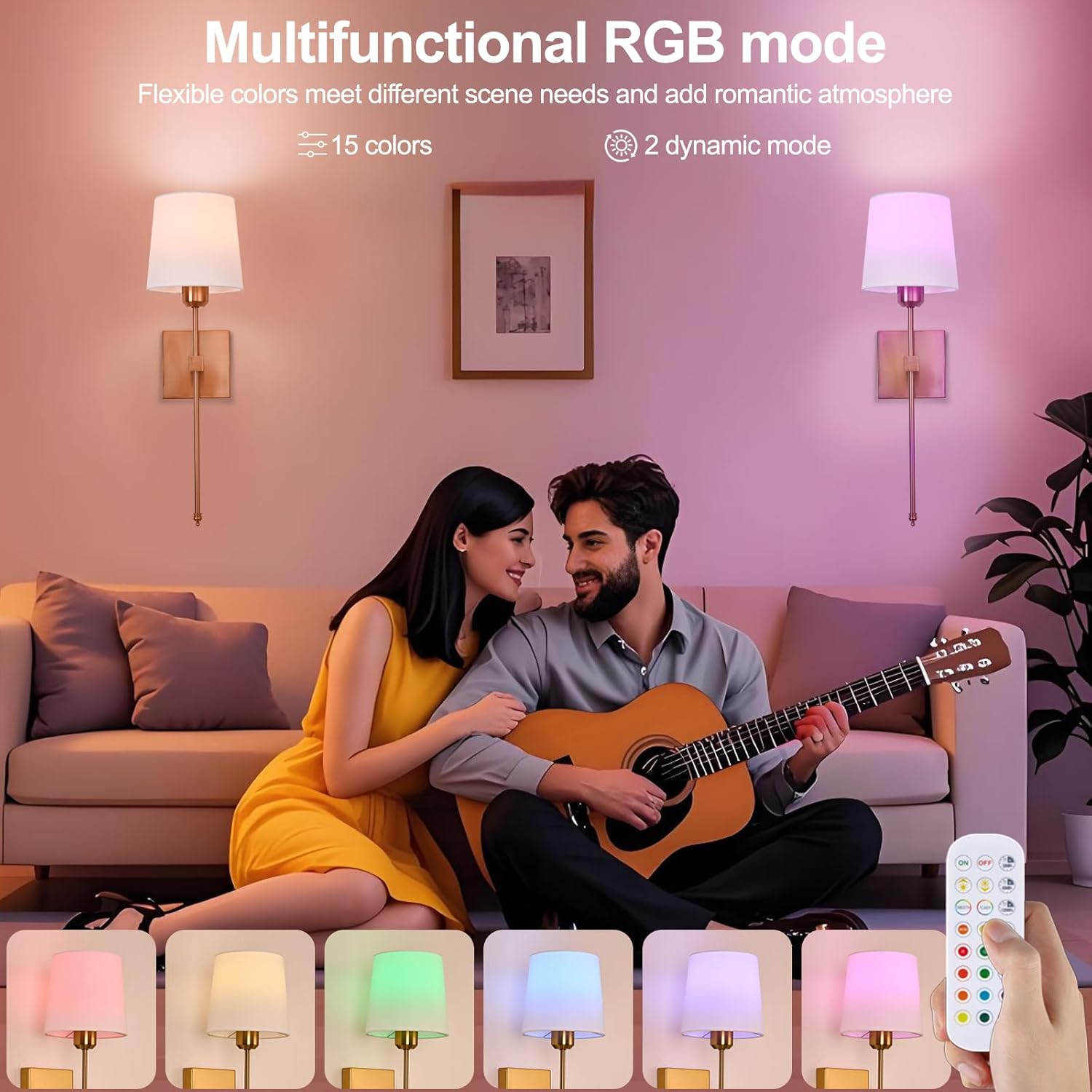 Battery Operated Wall Sconce Set of 2, Gold Wireless Rechargeable Wall Lights with RGB Rechargeable Dimmable Bulbs, 15 Colors Dimmable Wall Lamp with Remote for Bedroom Living Room, Bulbs Included