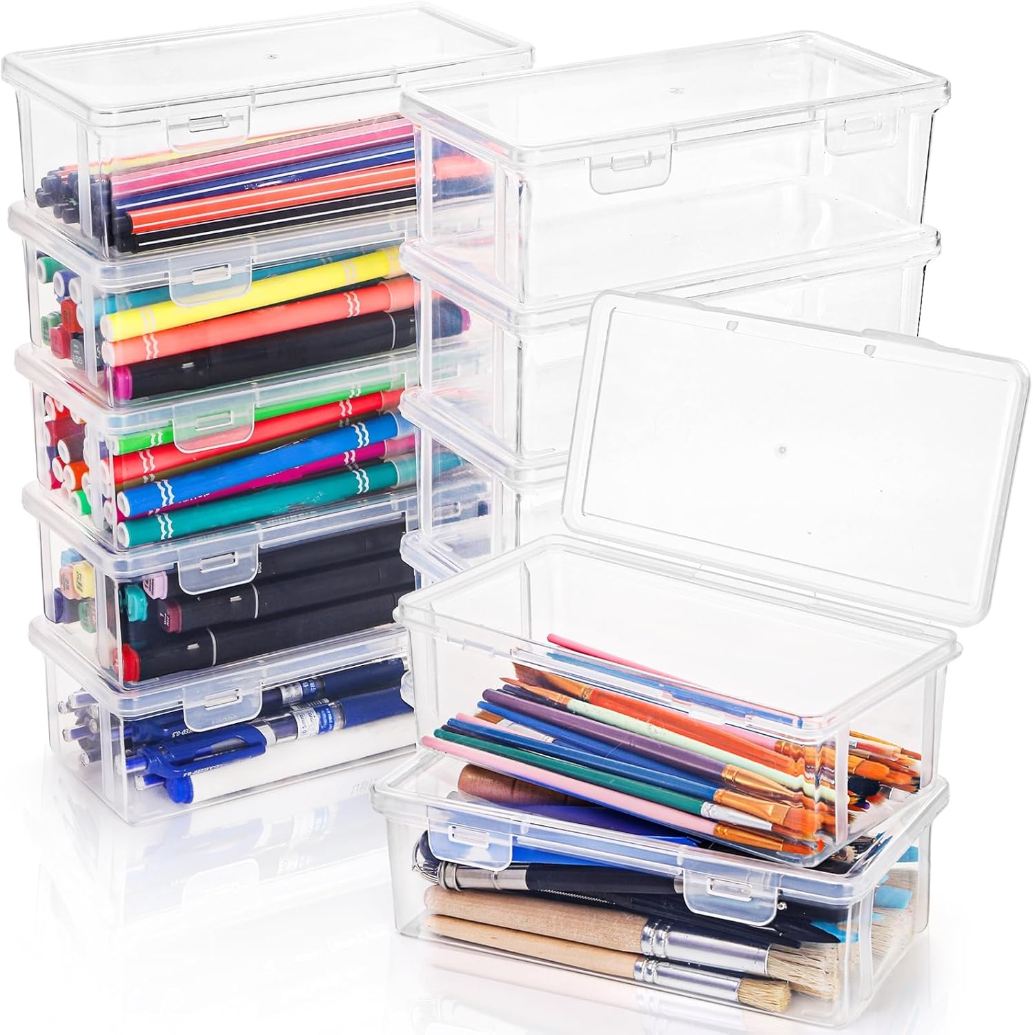 Covzoe 12 Pack Clear Pencil Box, Small Plastic Crayon Case with Lid, Storage Boxes Bulk Stackable Design, Durable Office Supplies Organizer for Crayon Pencil, Craft, Brush, Stationery