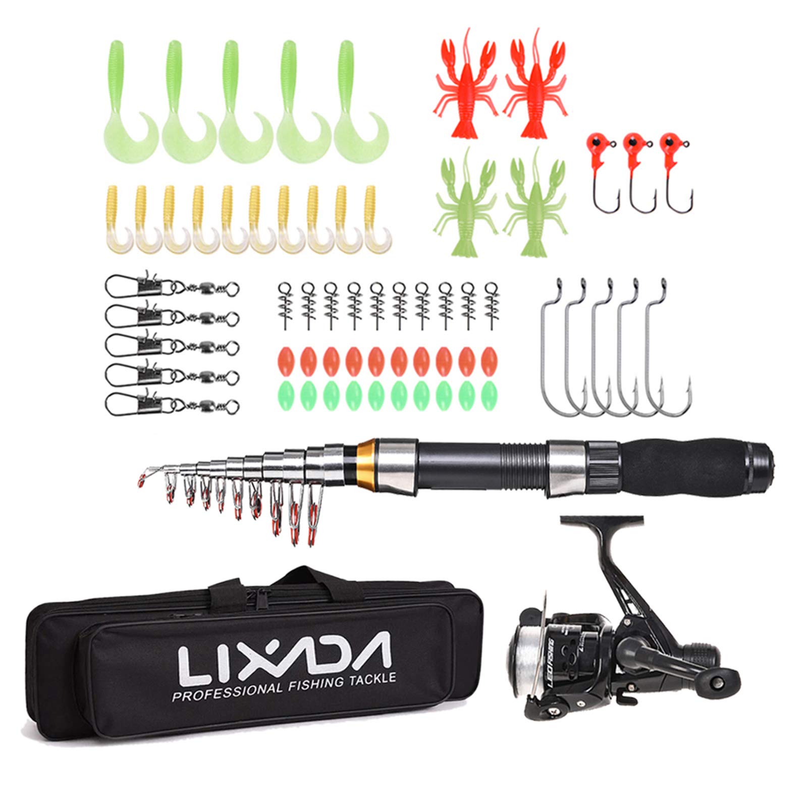 LIXADA Set Canne à Pêche Télescopique Canne à Pêche Set avec 2,1/2,3 m Cannes à Pêche Télescopiques Moulinets de Pêche Leurres & Ligne & Crochets & Flotteurs, Kit de Canne à Pêche