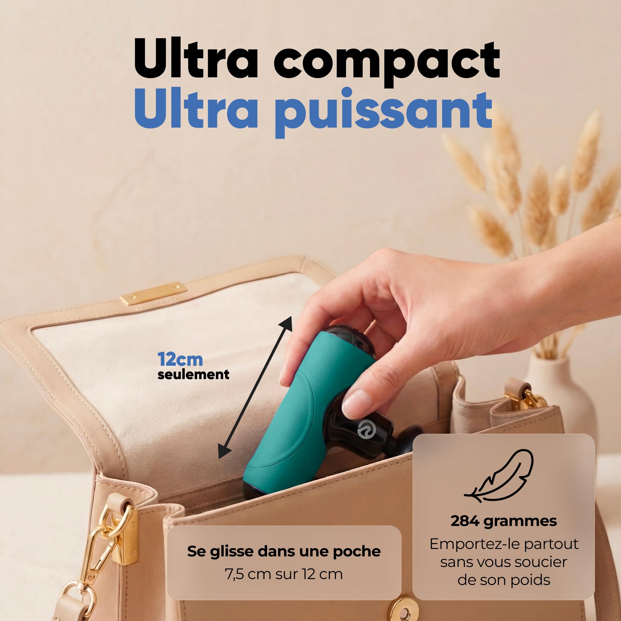 Mini Pistolet de Massage Musculaire Pulsea – 5 Vitesses, Massage Profond, Ultra Silencieux <45dB, Rechargeable USB-C, 5 Embouts, Compact & Portable pour Sport et Récupération (Vert)