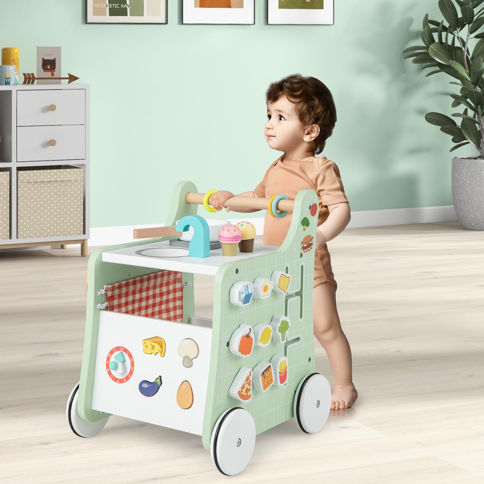 LIFEZEAL Andador para Niños de 1+ Años, Juguete de Cocina para Bebés, Carro de Madera para Empujar con Ruedas Silenciosas, Aprender a Caminar, andador para niño nacido (Verde)