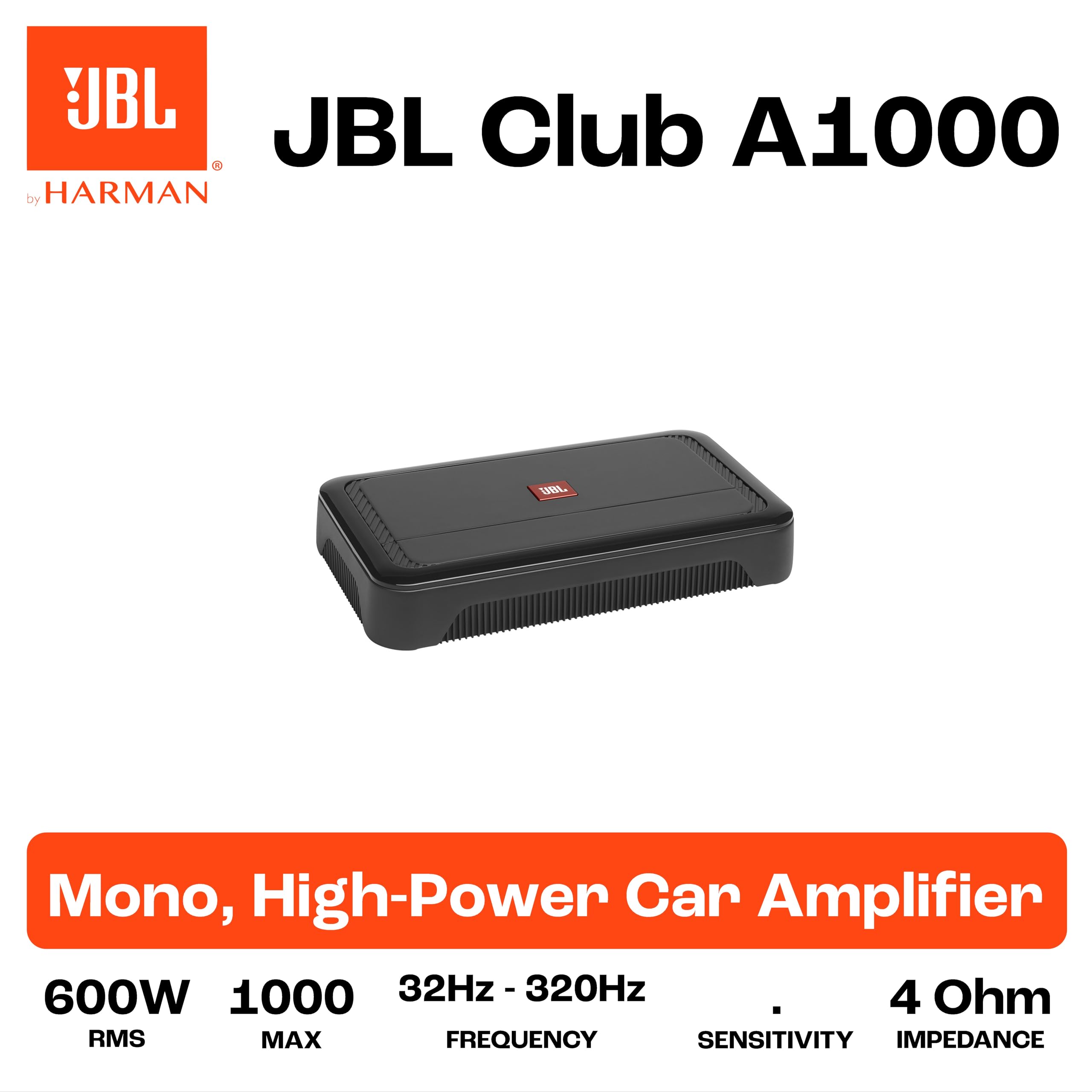 JBL Club A1000 Amplificateur Mono Subwoofer avec 600W RMS sous 4Ω, 1000W RMS sous 2Ω, Technologie Class D, réponse 10–320Hz, Filtre Passe-Bas Variable, Boost de Basses et télécommande fournie
