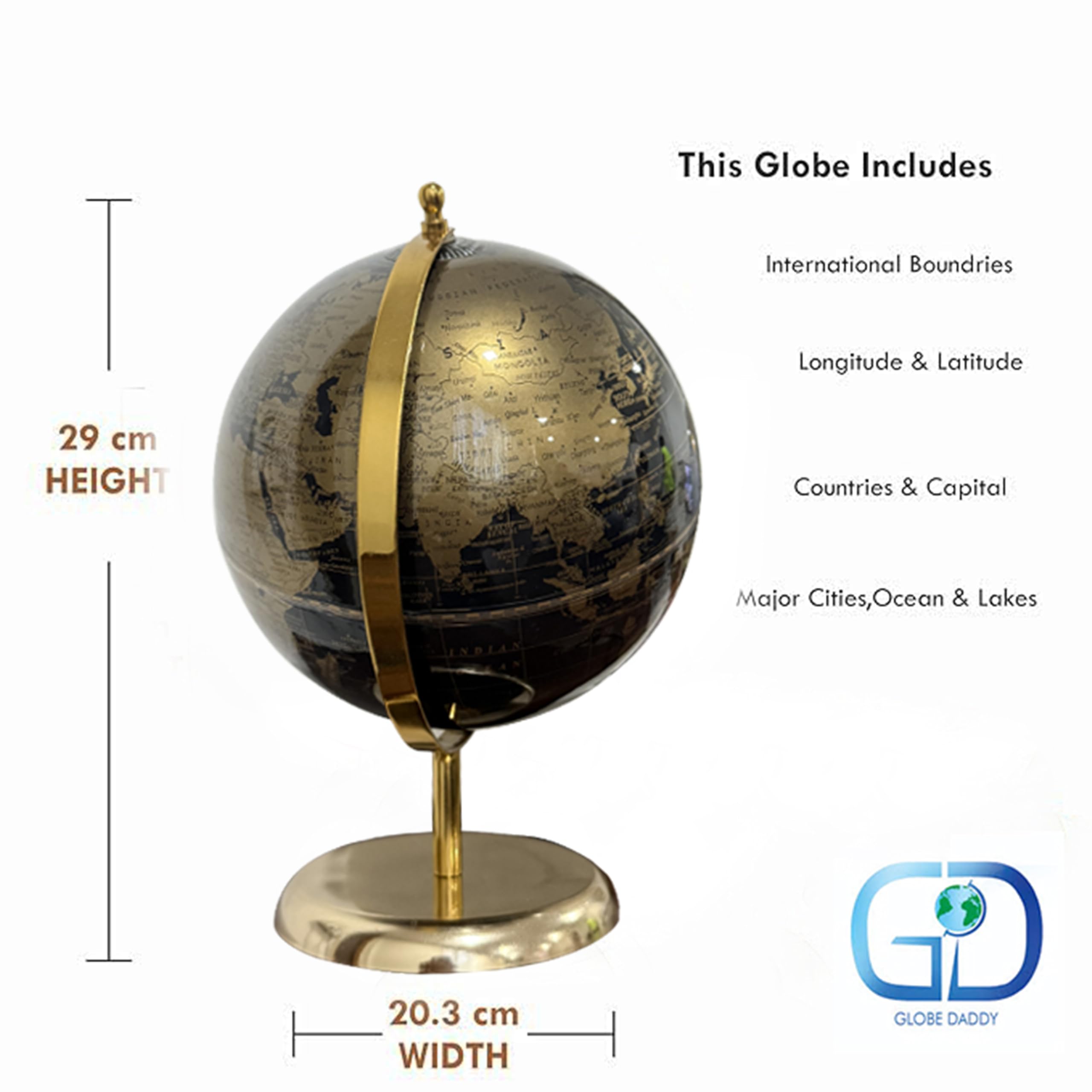 GLOBE DADDY 8 Inch Rotating World Globe with Metal Arc and Base for Office Table, Geography Learning, Studio or Cafe Decoration, Unique Gifts, Birthday and Aniversary Gift.