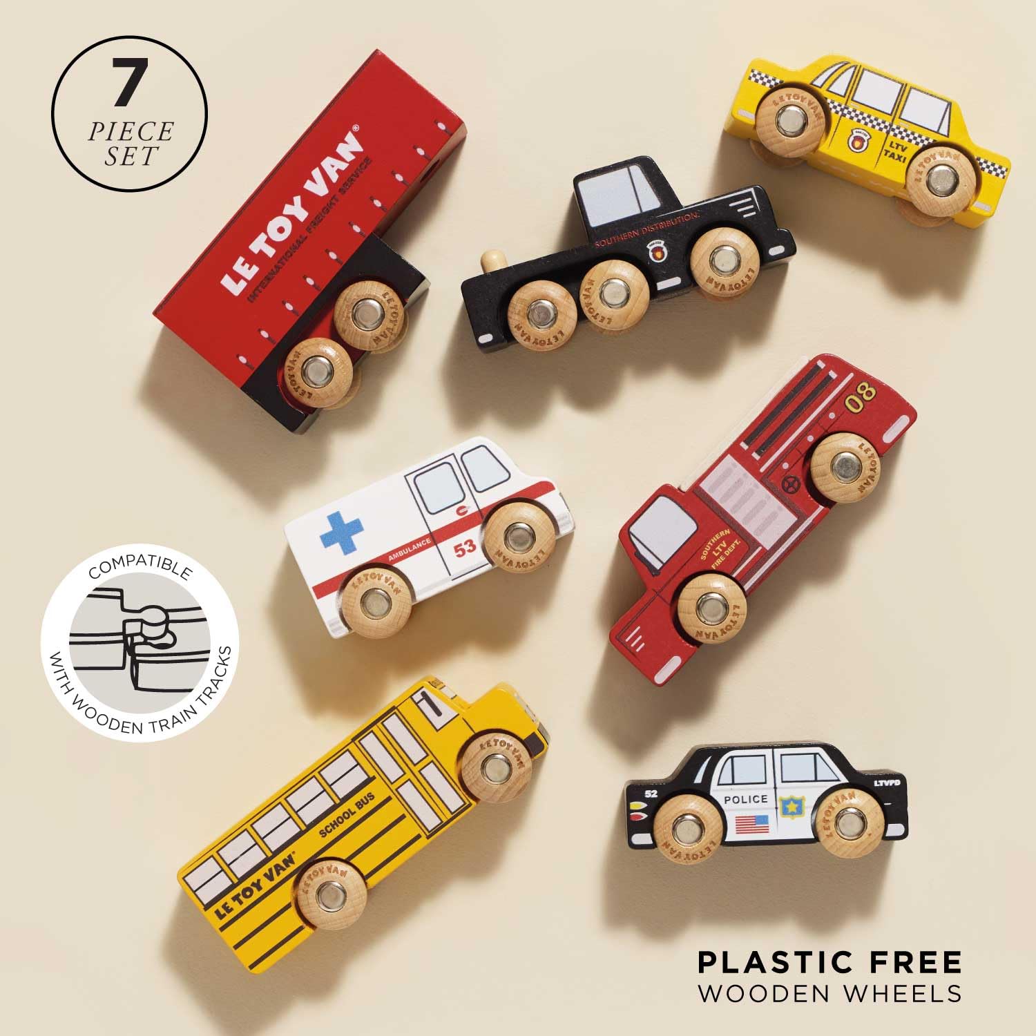 Set 7 Voitures London Le Toy Van - Bois FSC - Compatible Rails Train - Enfants 2+ Ans