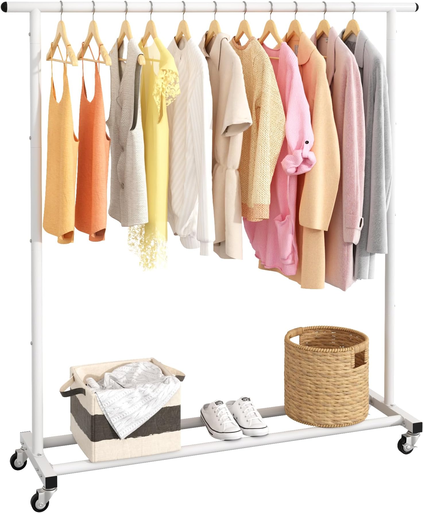 Clothing Rack Clothes Rack Standard Rod Simple Rolling Metal Garment Rack Organizer Freestanding Hanger with Wheels,White