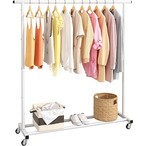 Buzowruil Metal Rolling Clothing Rack Adjustable Freestanding Garment Organizer with Wheels, Space-Saving Design for Home, Closet, Office, or Retail, White