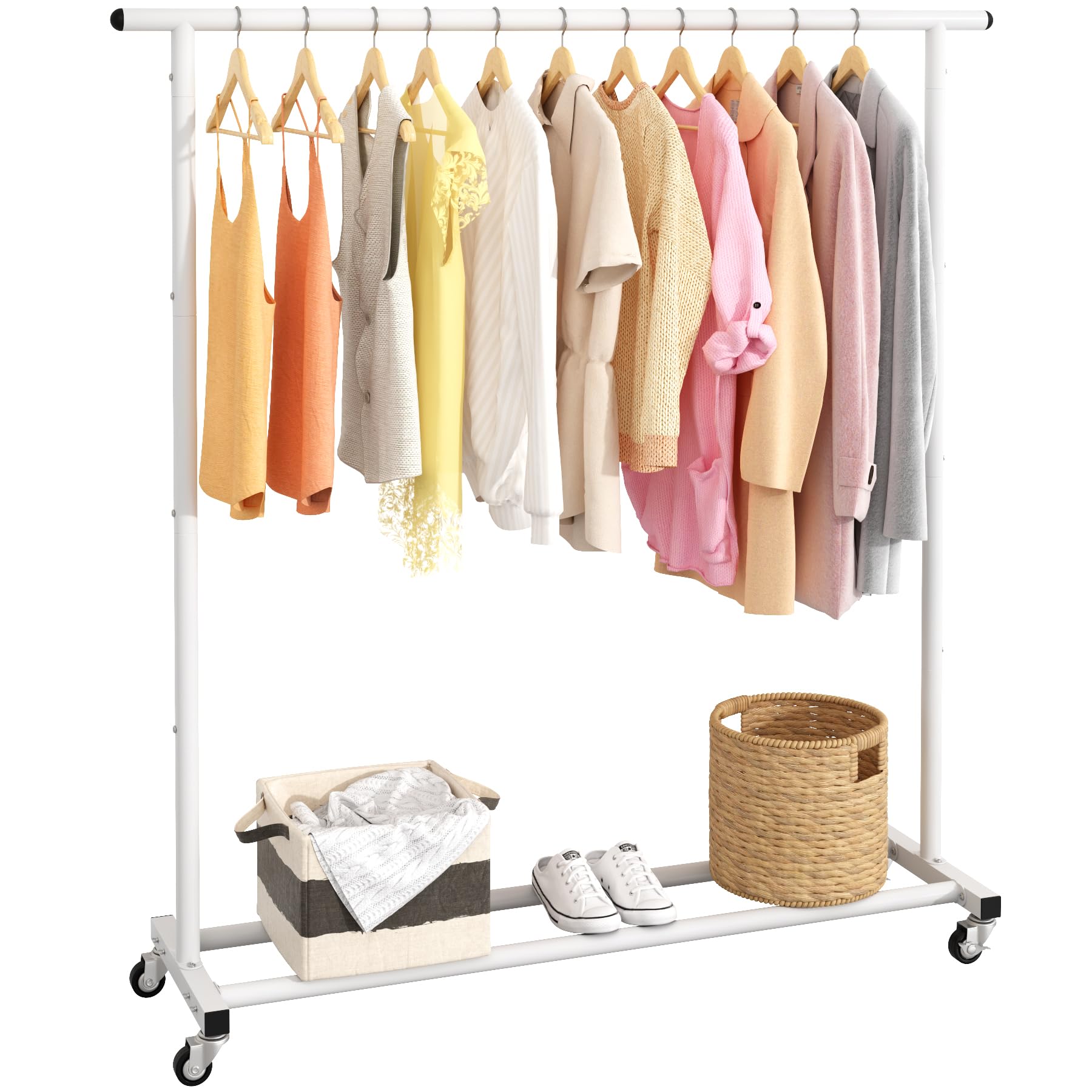 Buzowruil Metal Rolling Clothing Rack Adjustable Freestanding Garment Organizer with Wheels, Space-Saving Design for Home, Closet, Office, or Retail, White