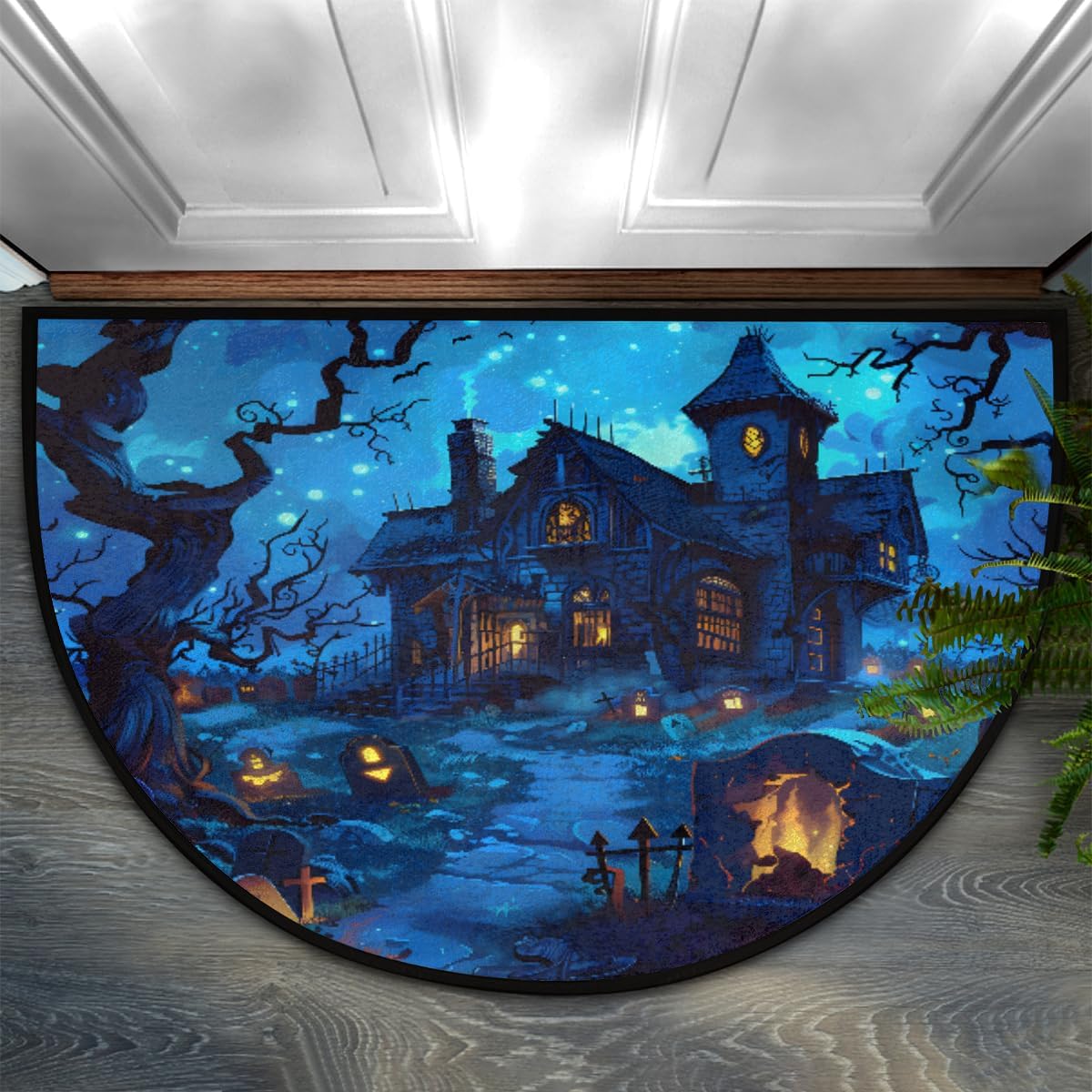 Half Round Door Mat Indoor Entrance Washable Half Circle Area Rugs Non Slip Half Moon Rug Semi Circle Bathroom Rugs Floor Carpet for Kitchen Bedroom Fireplace Blue Castle Halloween Decor