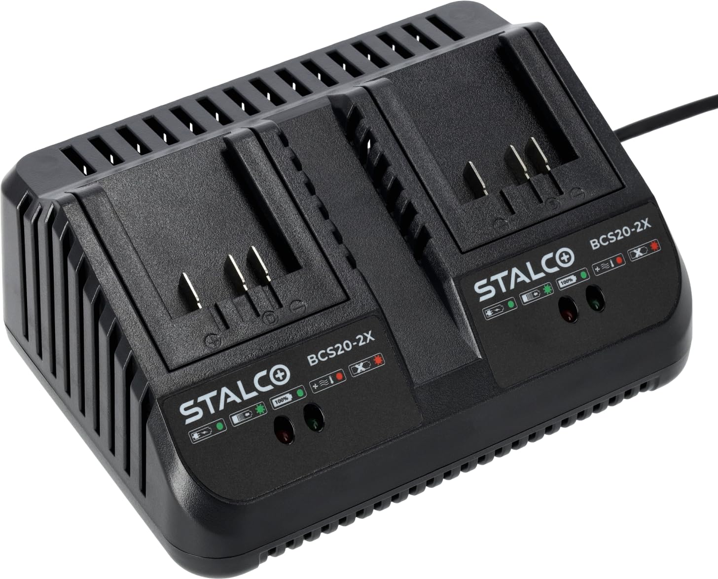 STALCO S-Volt BCS20-2X - Caricatore rapido 18-20V Li-Ion, 2 porte di ricarica contemporaneamente, 4A corrente di uscita, per batterie STALCO