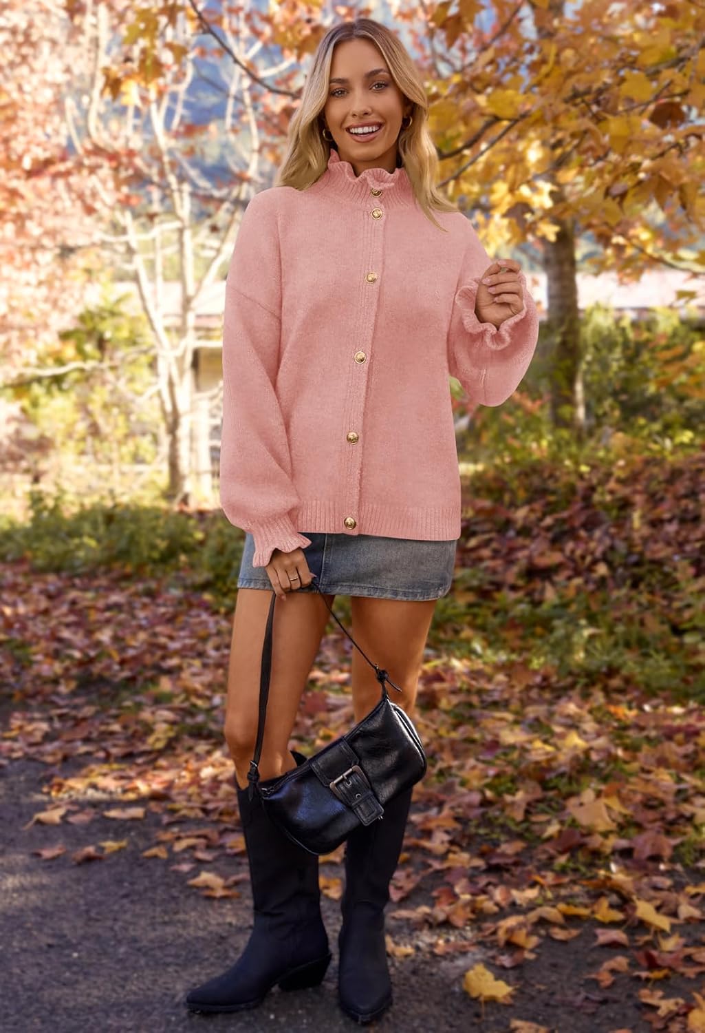 MEROKEETY Women's Fall 2026 Chunky Cardigan Sweaters Trendy Ruffle Button Down Long Sleeve Casual Knit Coat Winter Clothes - Image 3