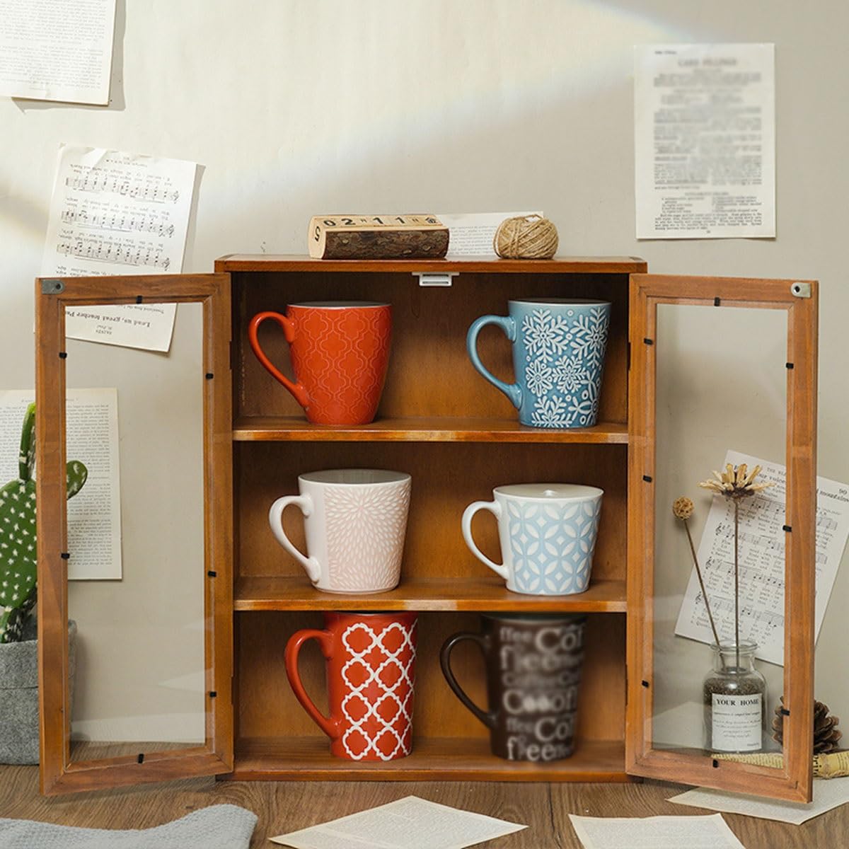 Wooden Display Cabinet,Wall Mount Storage with Clear Doors,Pantry Hanging Cupboard 3 Tiers Case Mini Kitchen