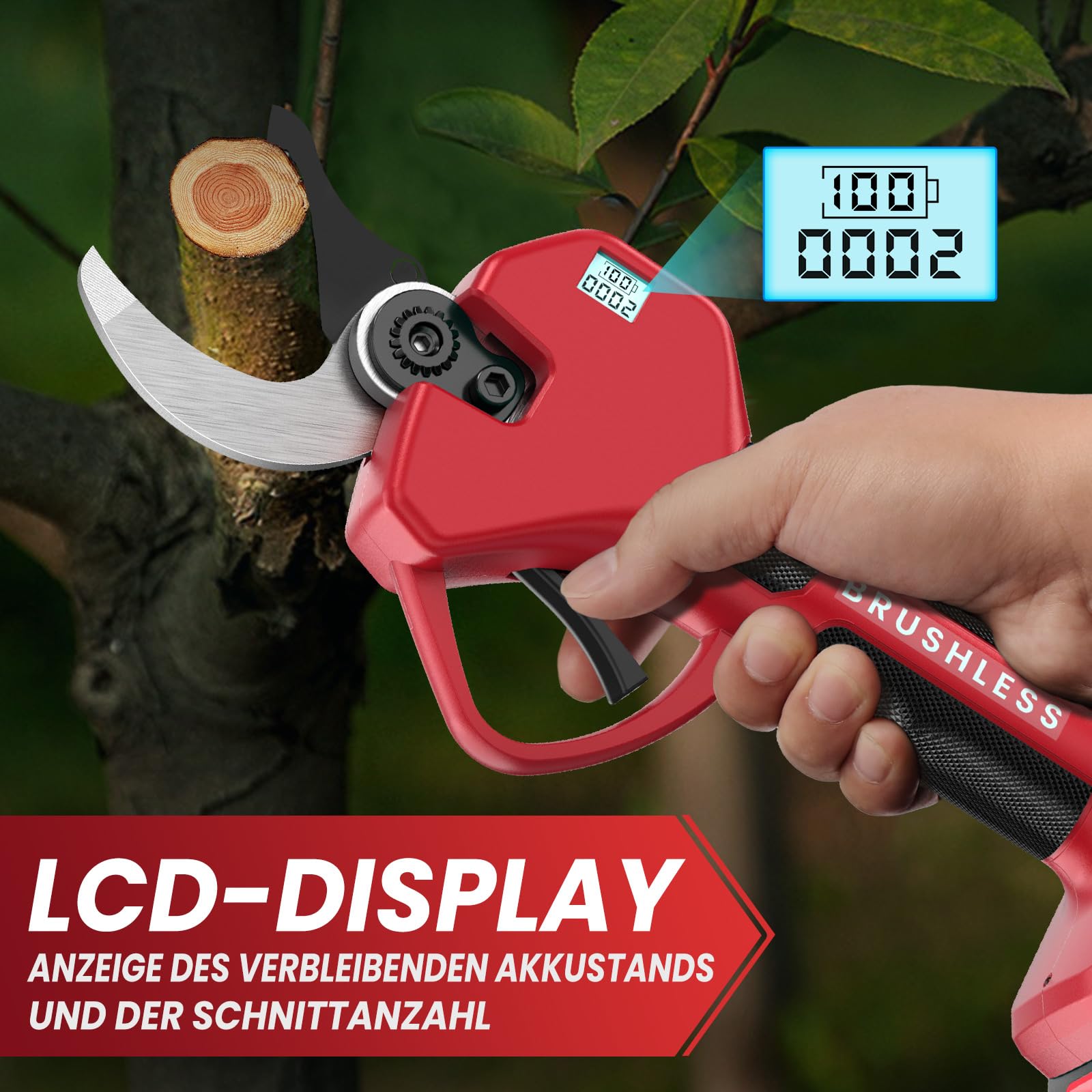 Akku Astschere, 50MM Elektrische Gartenschere Kabellos für Makita mit LCD Anzeige 2x 2000mAh Batteries, Leistungsstark Leise, Professionelle Bürstenlose Gartenschere für Zweige, Sträucher, Stämme