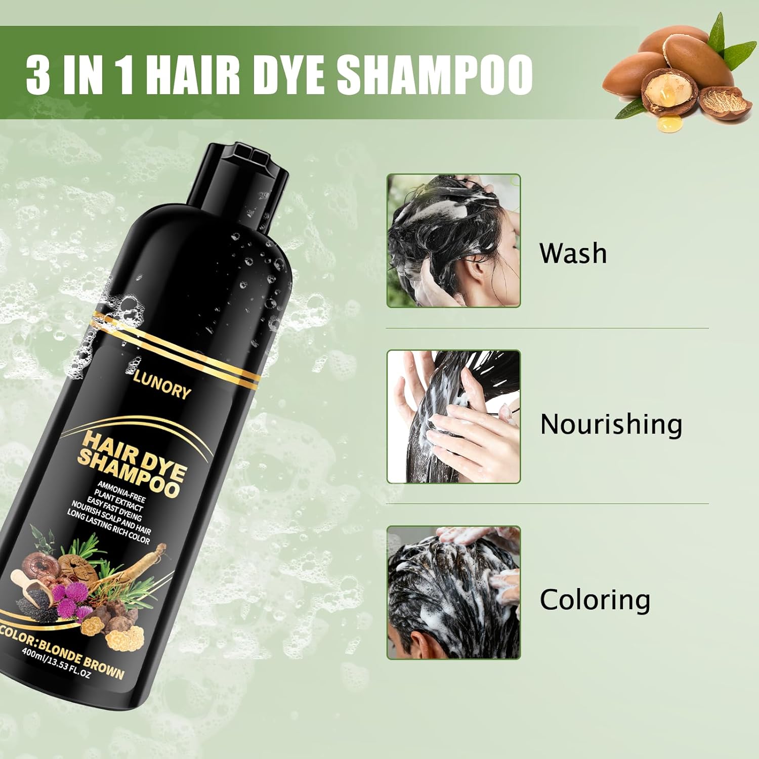 Blonde Brown Hair Dye Shampoo for Gray Coverage - 3 IN 1 Hair Color Shampoo with Argan Oil & Ginseng, Ammonia & Paraben Free, Long Lasting Semi-Permanent Natural Color for Women & Men