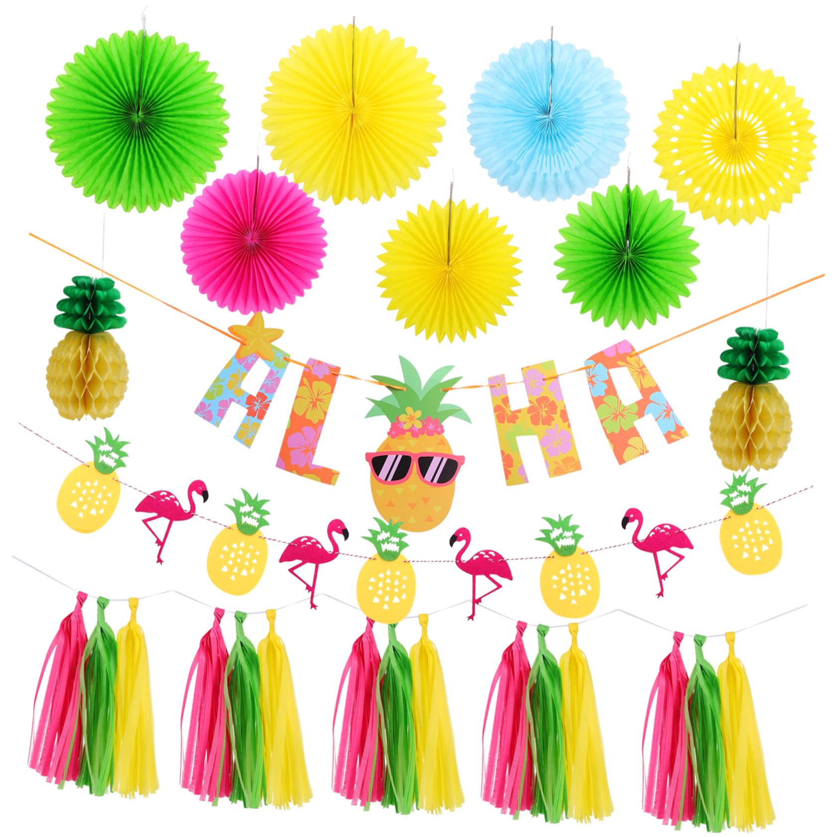 Zerodeko Set Decorativo Aloha Pennoni di Carta Esotici e Ananas per Feste Hawaiane e Temi Estivi