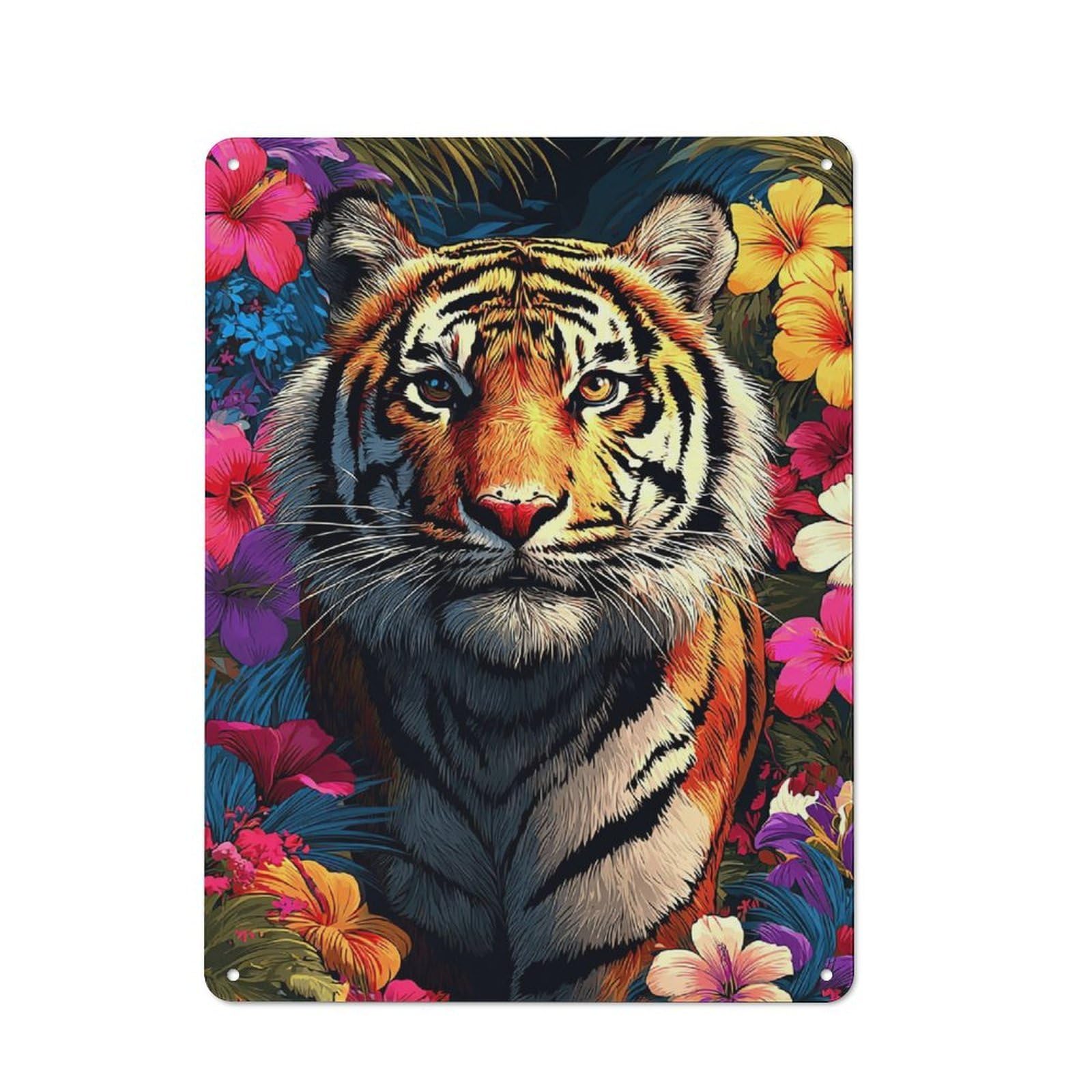 Junmoney Tiger Amidst Tropical Flowers Retro Metal Sign 40X30cm, Garage Style Shed Wall Plaque For Garage, Hobby Room, Office Or Man Cave