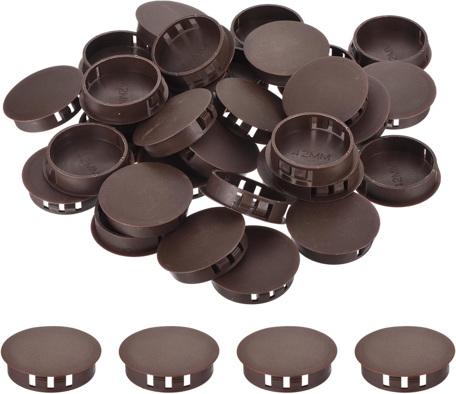 MECCANIXITY 64PCS 45mm(1 3/4") Brown Plastic Hole Plugs, Flush Type Panel Hole Plugs Insert End Caps for Locking Hole Tubes Furniture Cabinet