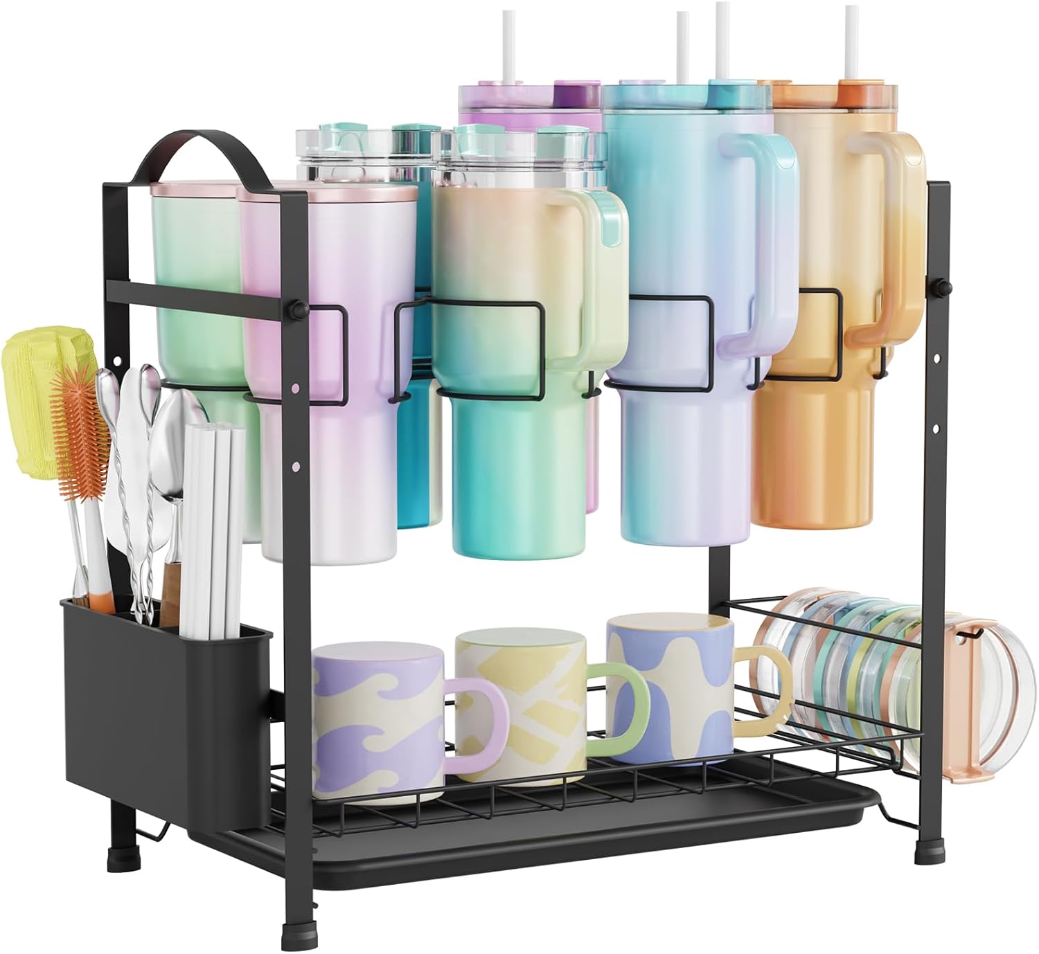 Stanley Cup Holder, Height Adjustable Water Bottle & Tumbler Drying Rack for Stanley, Owala and Other Brands, Tumbler Organizer for Kitchen Cabinet, Counter-top (Black)