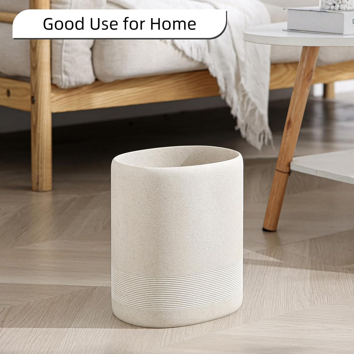Bathroom Trash Can, 1.6 Gallon Small Trash Can Cabinet, Simple Stone Look Oval Office Garbage Bin, Decorative Waste Basket for Bedroom, Living Room, Kitchen (Beige)
