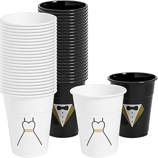 100-Pack Bride and Groom Wedding Plastic Cups 16oz – Tuxedo and Dress Design – Reusable Cups for Wedding Reception, Engagement Party, Bachelorette, Bachelor Party, Team Bride and Groom
