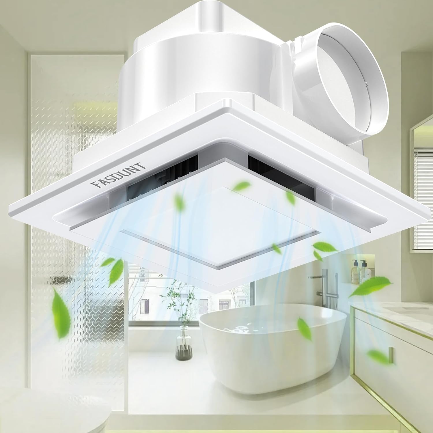 FASDUNT Bathroom Exhaust Fan installed in a bathroom ceiling, showing air extraction