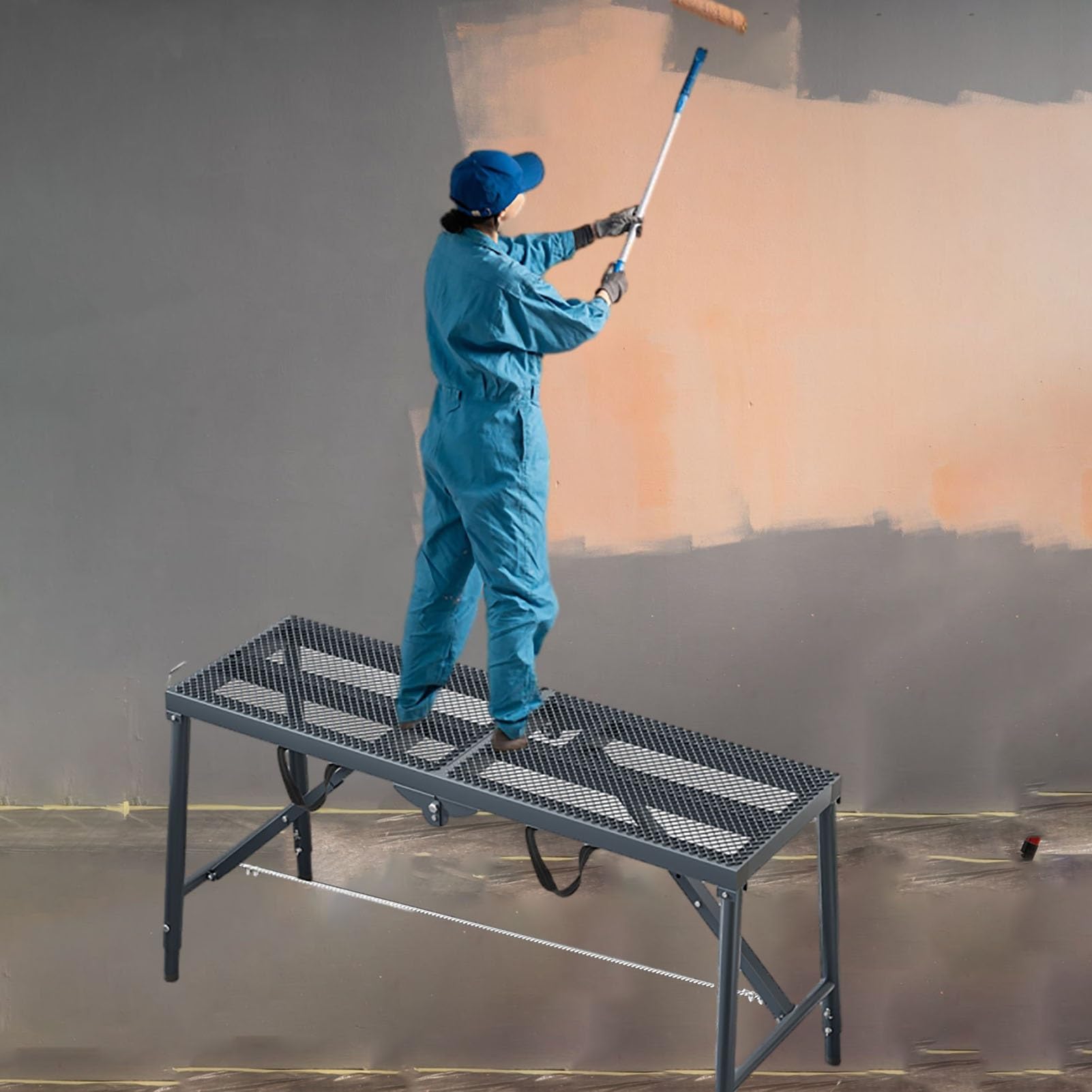 Plateforme d'échafaudage réglable de 150x40 cm avec planche pliable grise