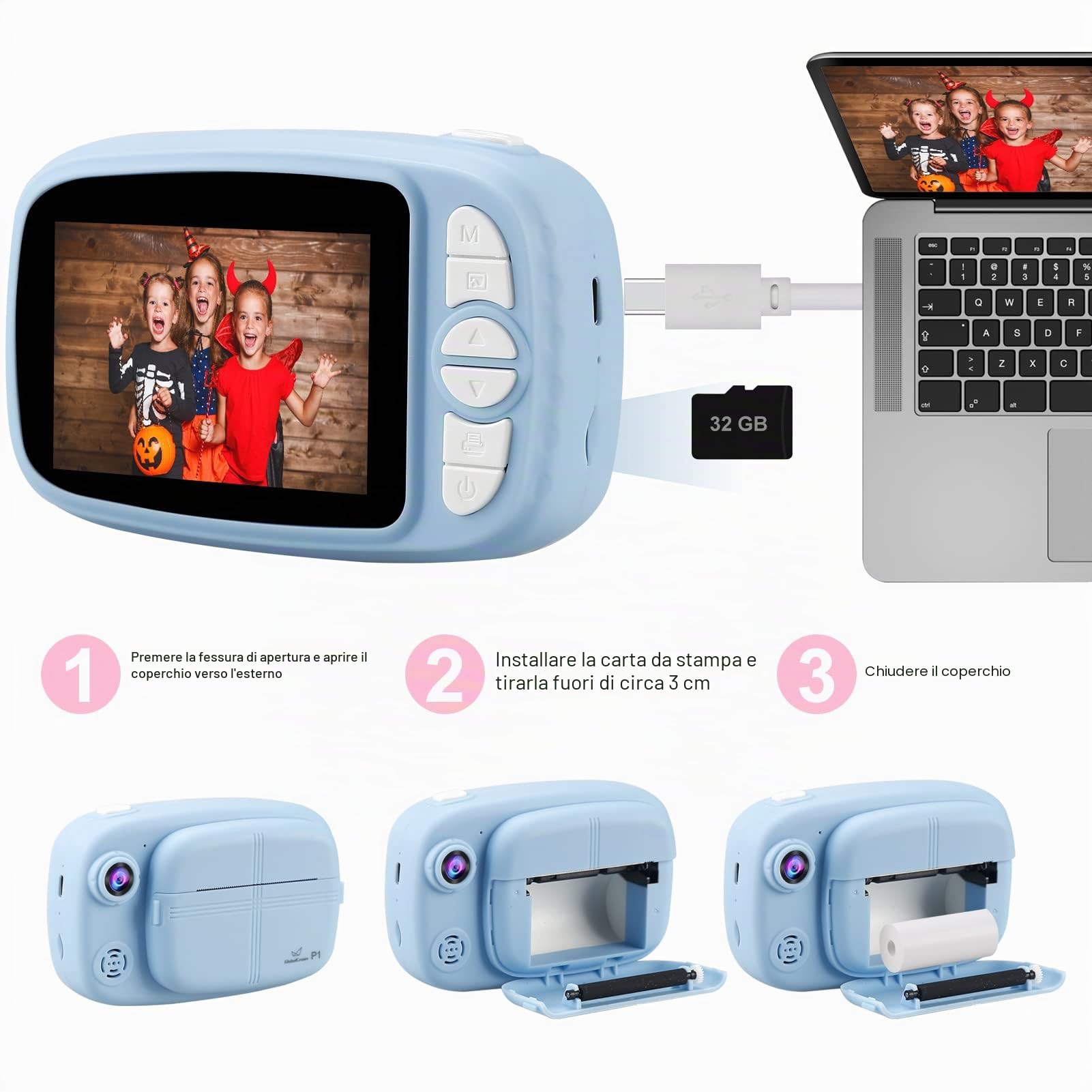 Fotocamera Istantanea per Bambini, 3.5 Pollici/1080P Digitale Macchina Fotografica Bambini con 32GB SD e 4 Rotolo di Carta, Fotocamere Istantanee Regalo per Ragazze Ragazzi dai 3-14 Anni (Blu)