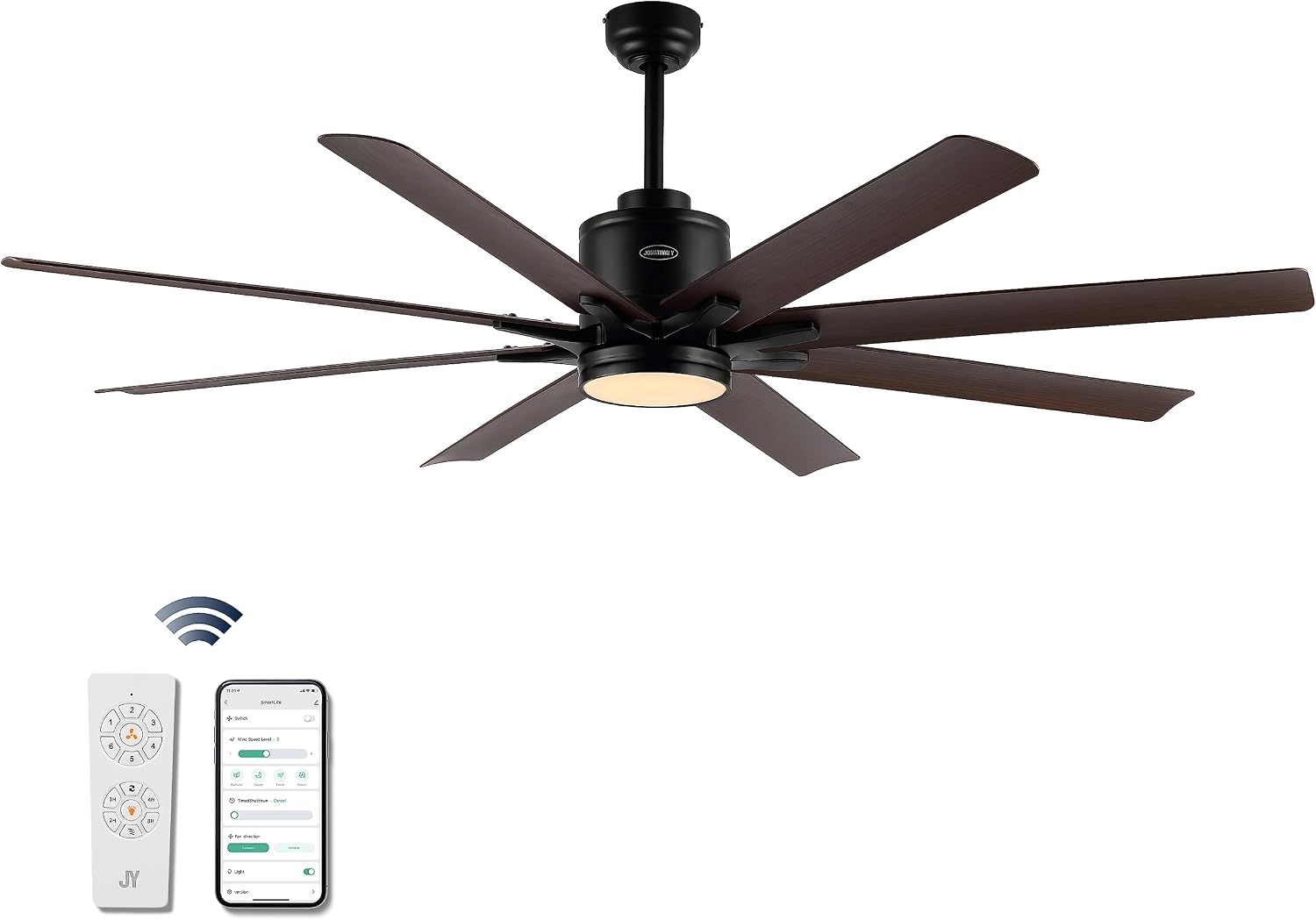 JONATHAN Y 66" Black/Neutral Brown Wood Finish Modern Industrial Ceiling Fan with LED Light, 6-Speed Smart Fan with App and Remote Control, White Acrylic Shade, Large Slope-Compatible Fan (JYL9713B)