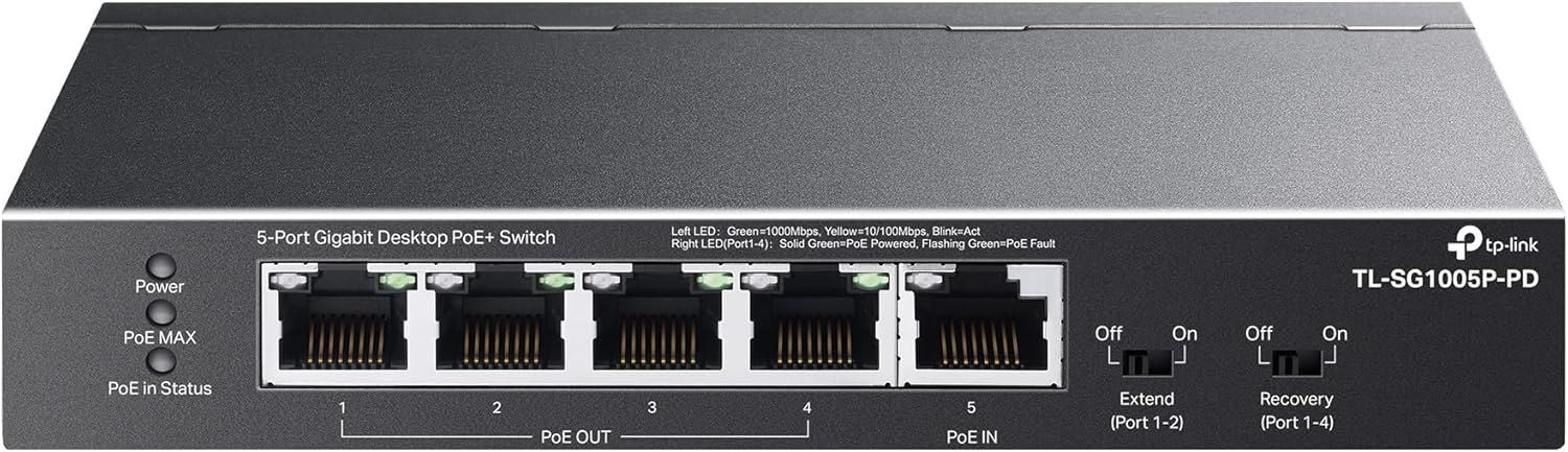TP-Link TL-SG1005P-PD 5-Port Passthrough Gigabit Ethernet Switch – 1 PoE++ in @90W, 4 PoE+ Output up to 66W, Plug & Play, Extend Mode, QoS, IGMP, Auto Recovery, Powered Only, Free Expert Help