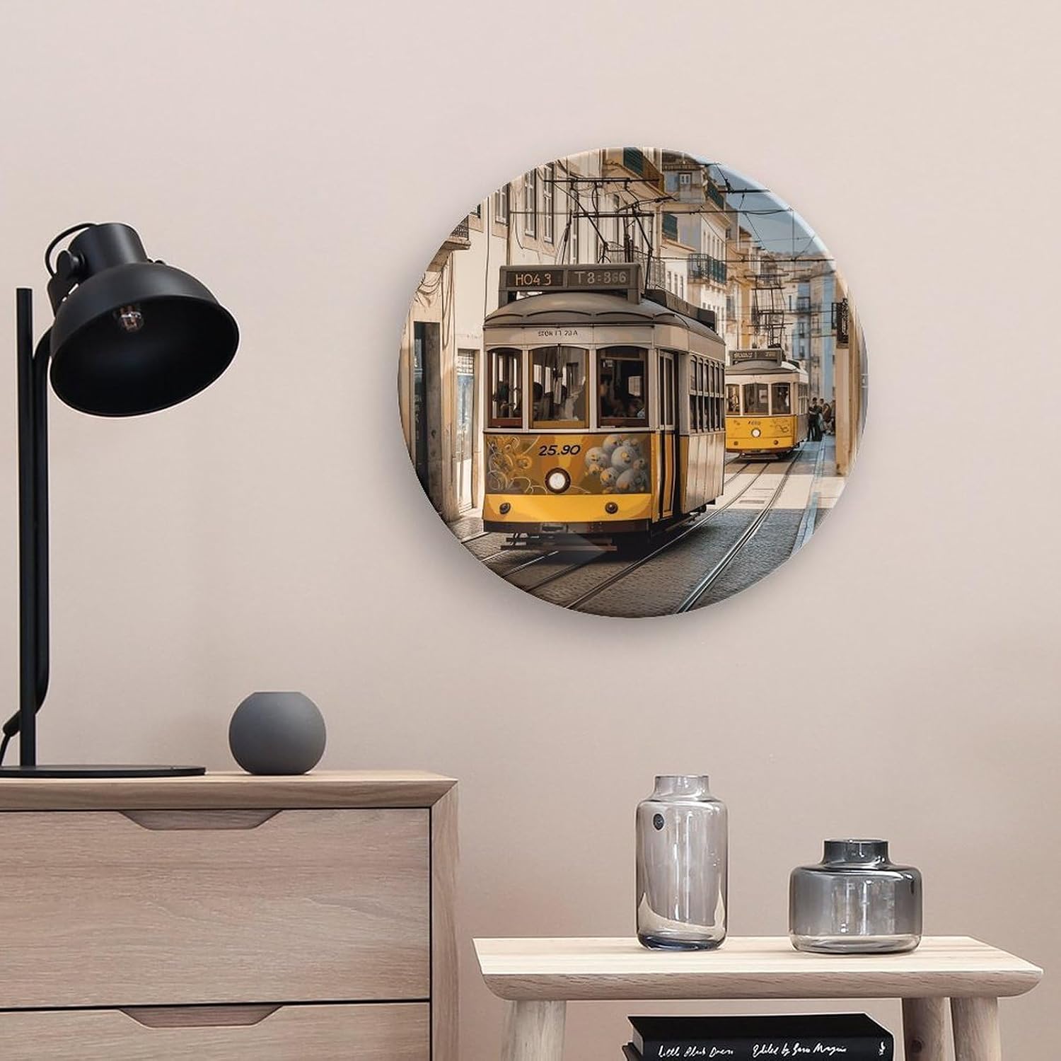Lisbon Tram Decorative Ceramic Plate Round Porcelain Plate Decor Personalized Bone China Decorative Plates Ceramic Ornaments Dessert Plates with Display Stand 10inch