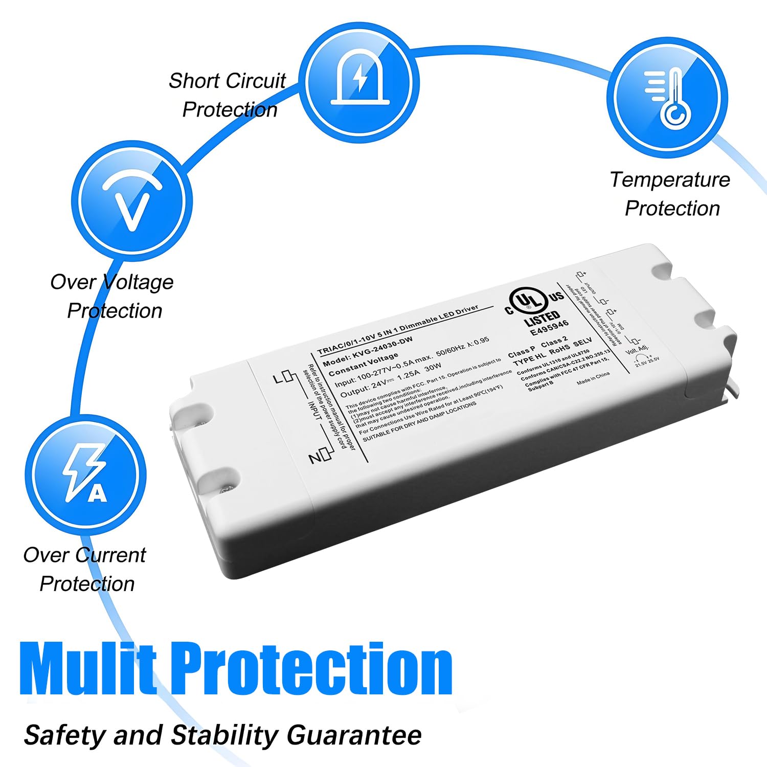 24V 30W Dimmable LED Driver, Power Supply for ELV, TRIAC Dimmer, AC to DC Transformer for LED Lighting, UL Listed, Class 2