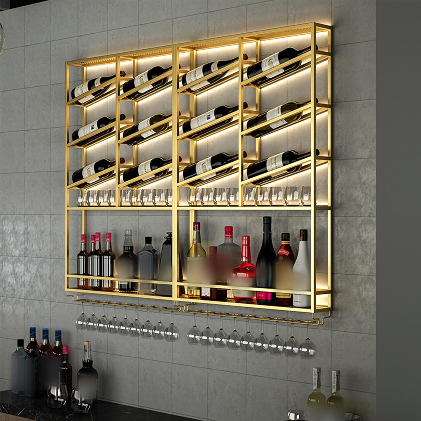 Étagères de rangement murales pour vin et porte-bouteilles mural en métal à 3 niveaux pour bar