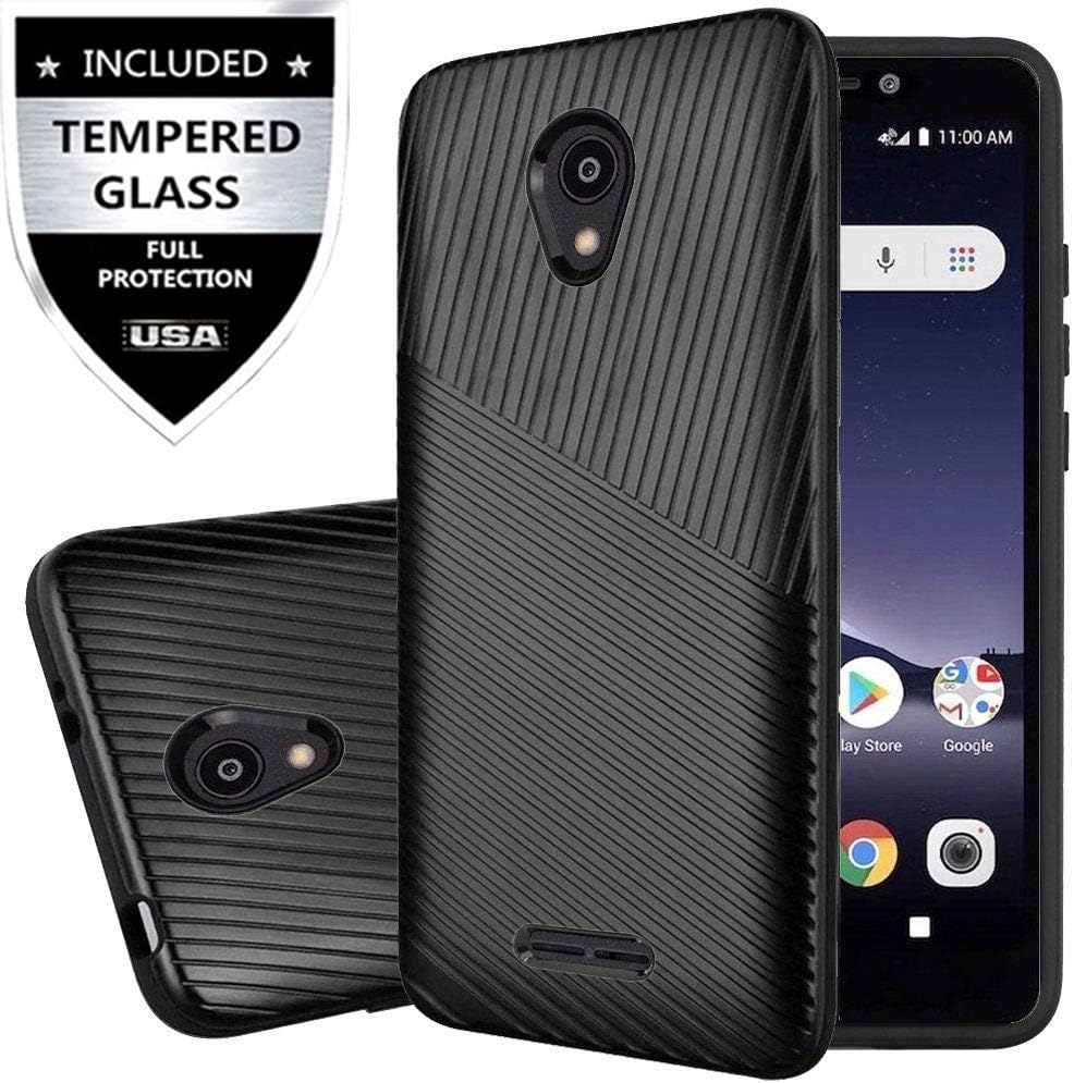 Alcatel Insight Case, Alcatel TCL A1 Case with Tempered Glass Screen Protector,IDEA LINE Textured Embossed Lines Hard Plastic PC TPU Hybrid - Black