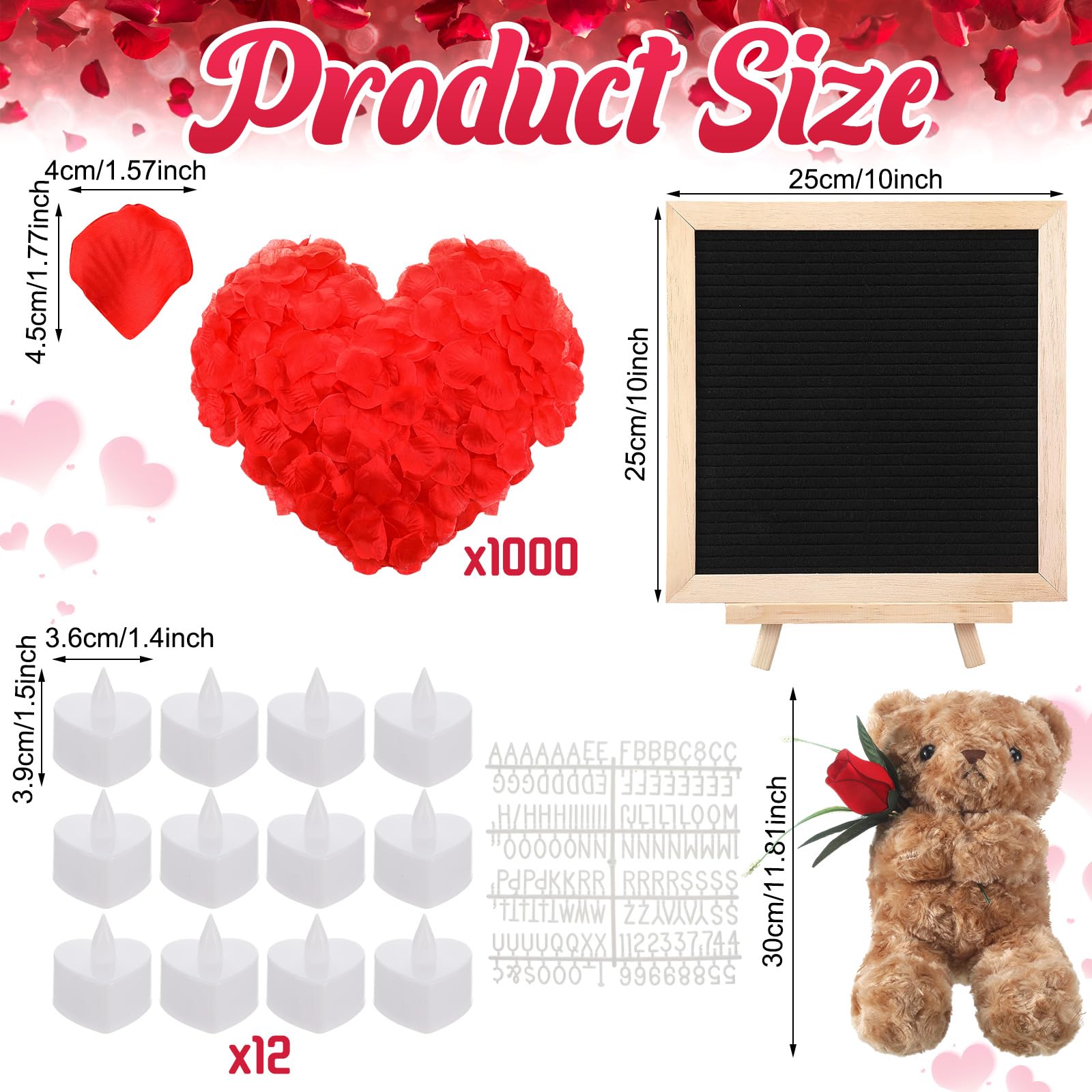 Ceenna Panneau romantique Will You Be My Girlfriend avec bougies LED et pétales de rose artificiels, cadeau animal en peluche avec rose, panneau à lettres en feutre pour la Saint-Valentin (rouge)
