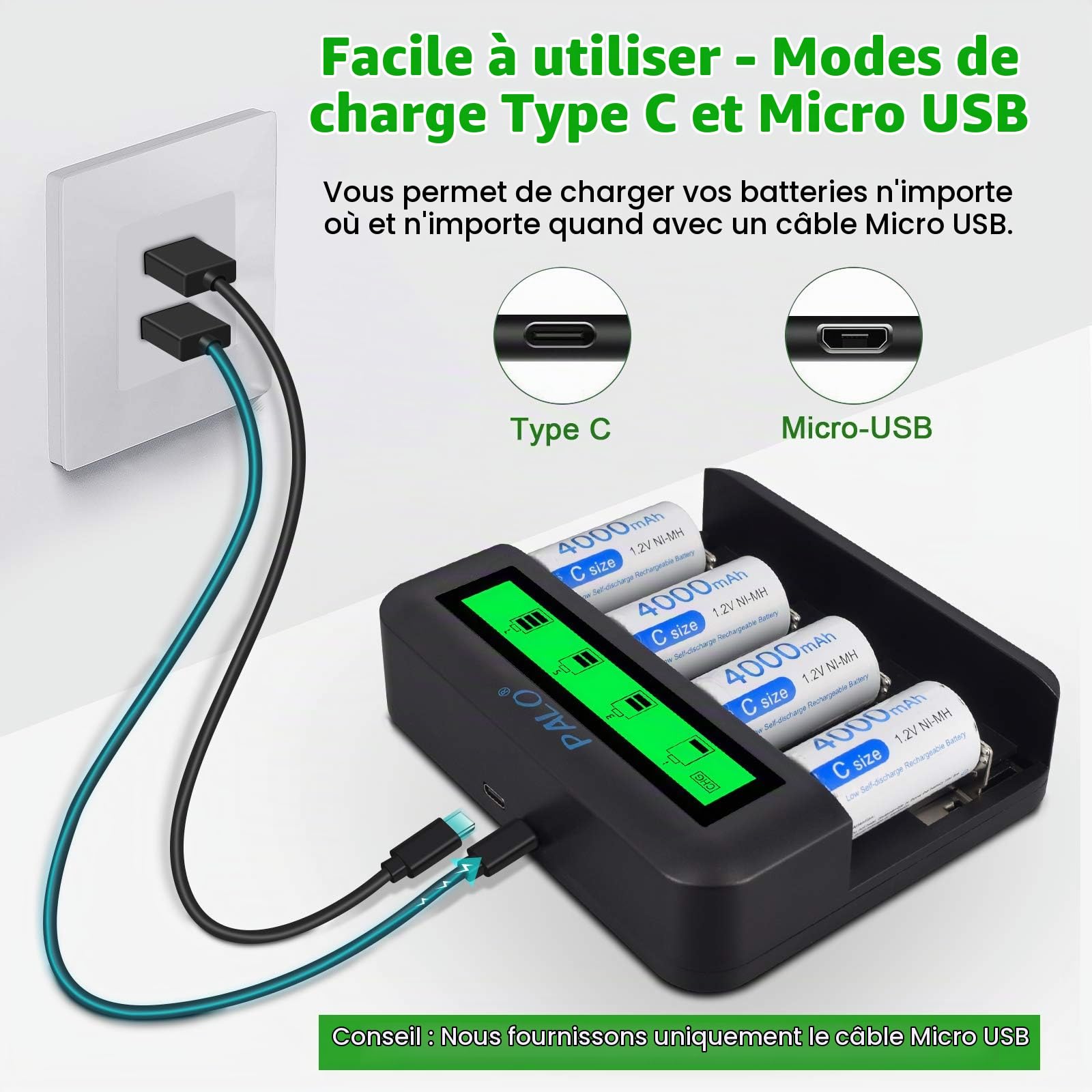 CITYORK Batterie LCD Chargeur Set - pour Ni-MH/Ni-CD AA AAA C D - avec Batteries C 4000mAh (4 pièces)