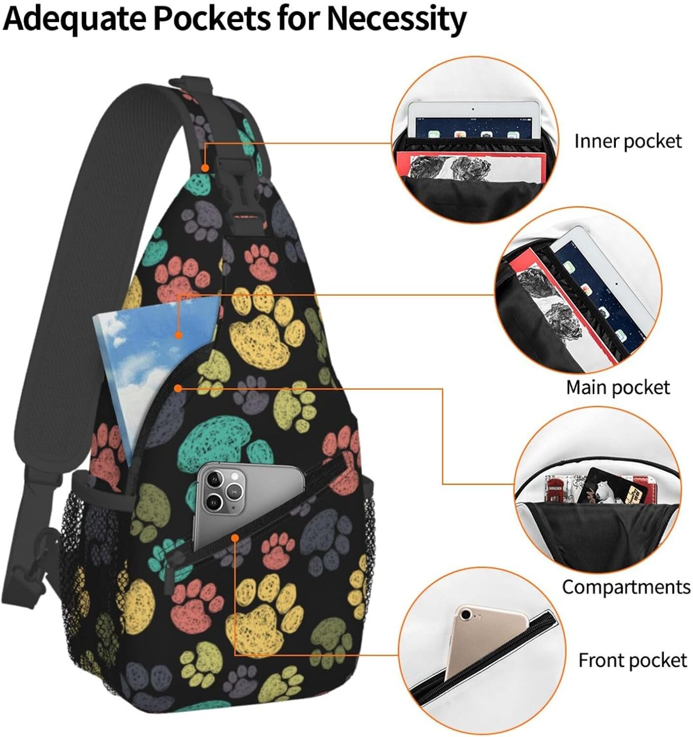Colorful Paw Print Crossbody Sling Bags for Women Men Rainbow Puppy Dog Paws Doodle Style Travel Sling Backpack Casual Chest Shoulder Bag Cute Animal Footprint Gym Sports Hiking Daypack - Image 3