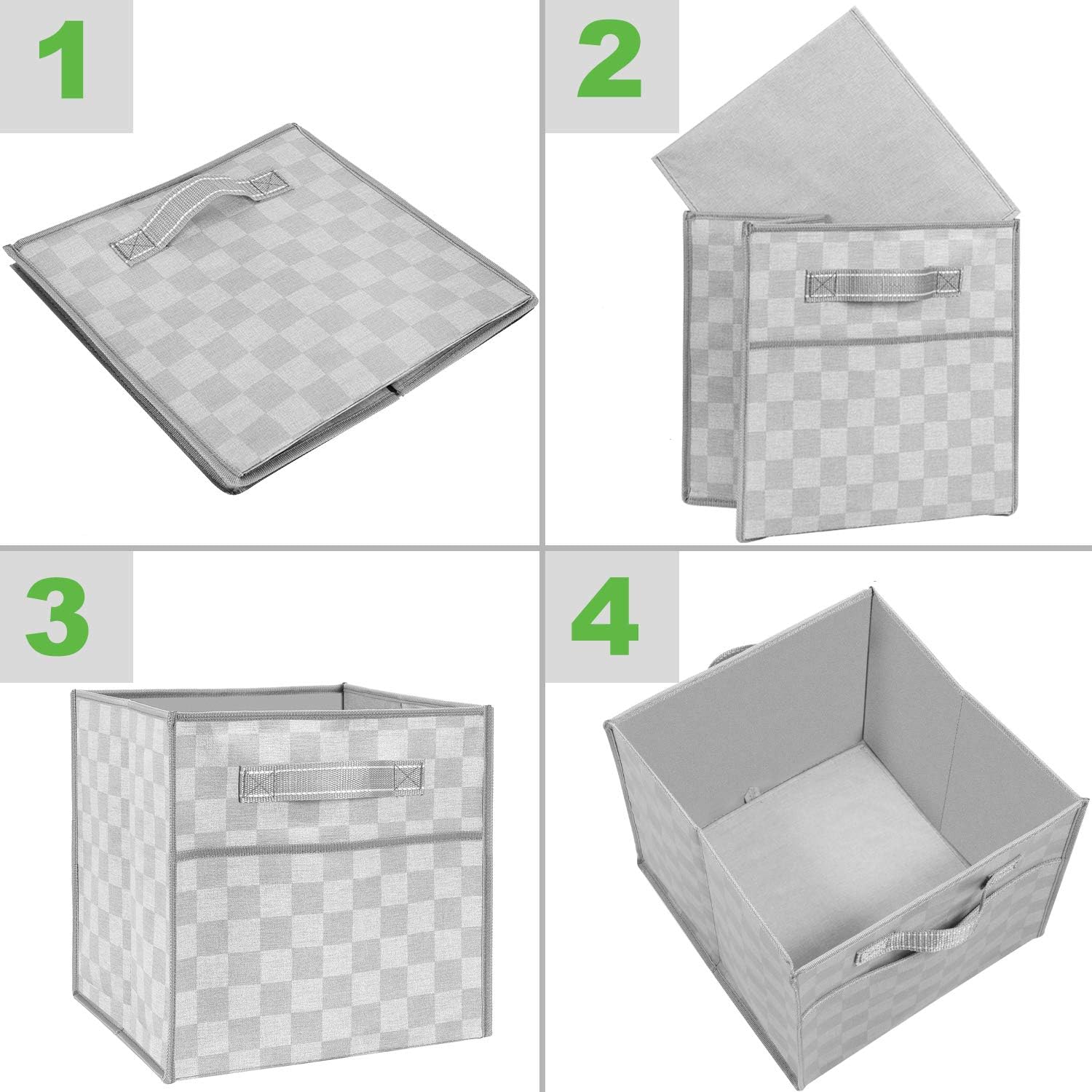 VENO Foldable Storage Bins Cubes Organizer, 4-Pack, Heavy-Duty Collapsible Basket with Handles for Toy Clothes Linen Sundries 13"x13"x13" Fits Shelving System, Made from Recycled Material, GRY/Checker