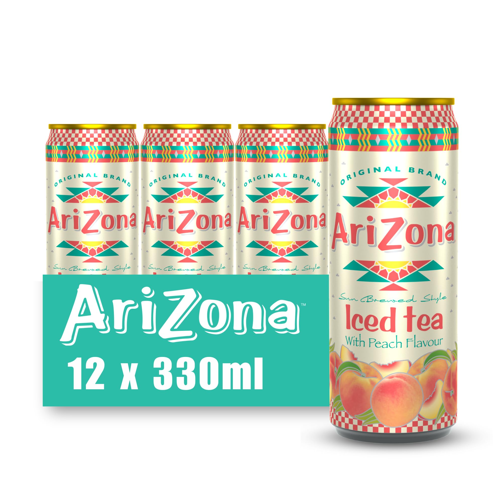 AriZona – Schwarzer Tee mit Pfirsichgeschmack – Packung mit 12 Dosen 330 ml – Getränk 100% Vergnügen – Verpackung Design
