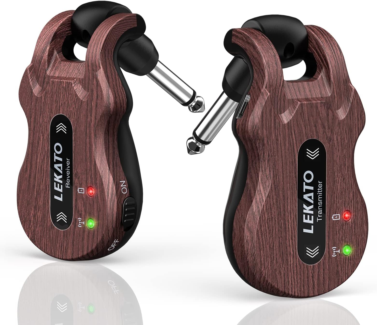 LEKATO Wireless Guitar System 5.8 Wireless Guitar Transmitter Receiver Rechargeable Audio Wireless Transmitter Receiver 4 Channels Transmission Range for Electric Guitar Bass (Grain)