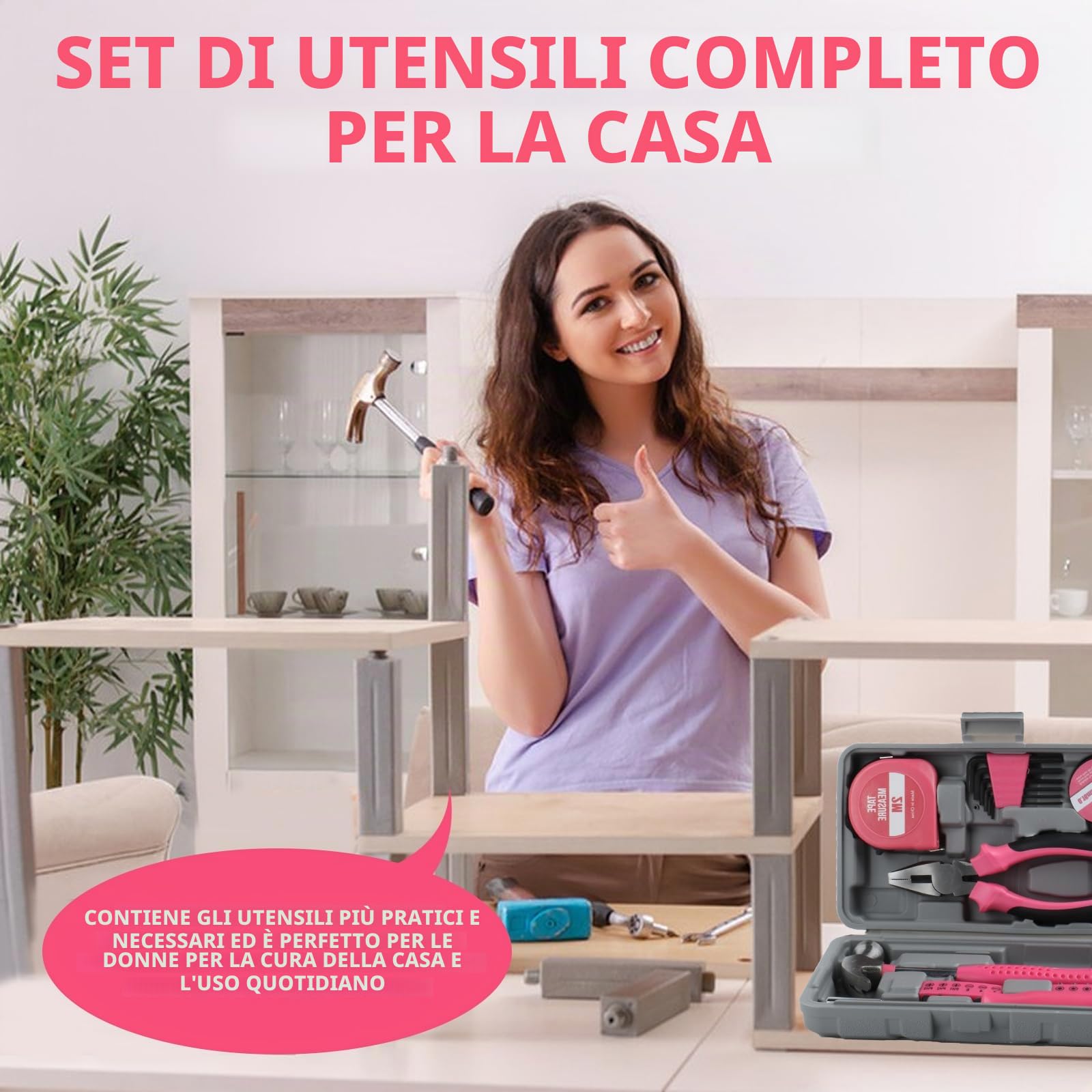 Cassetta Attrezzi Completa Rosa, Valigetta Attrezzi Completa | Valigia Porta Attrezzio, Cassette Porta Attrezzio, Regali Rosa per Donne Uomini, con martello, pinze, cacciaviti, punte, ecc