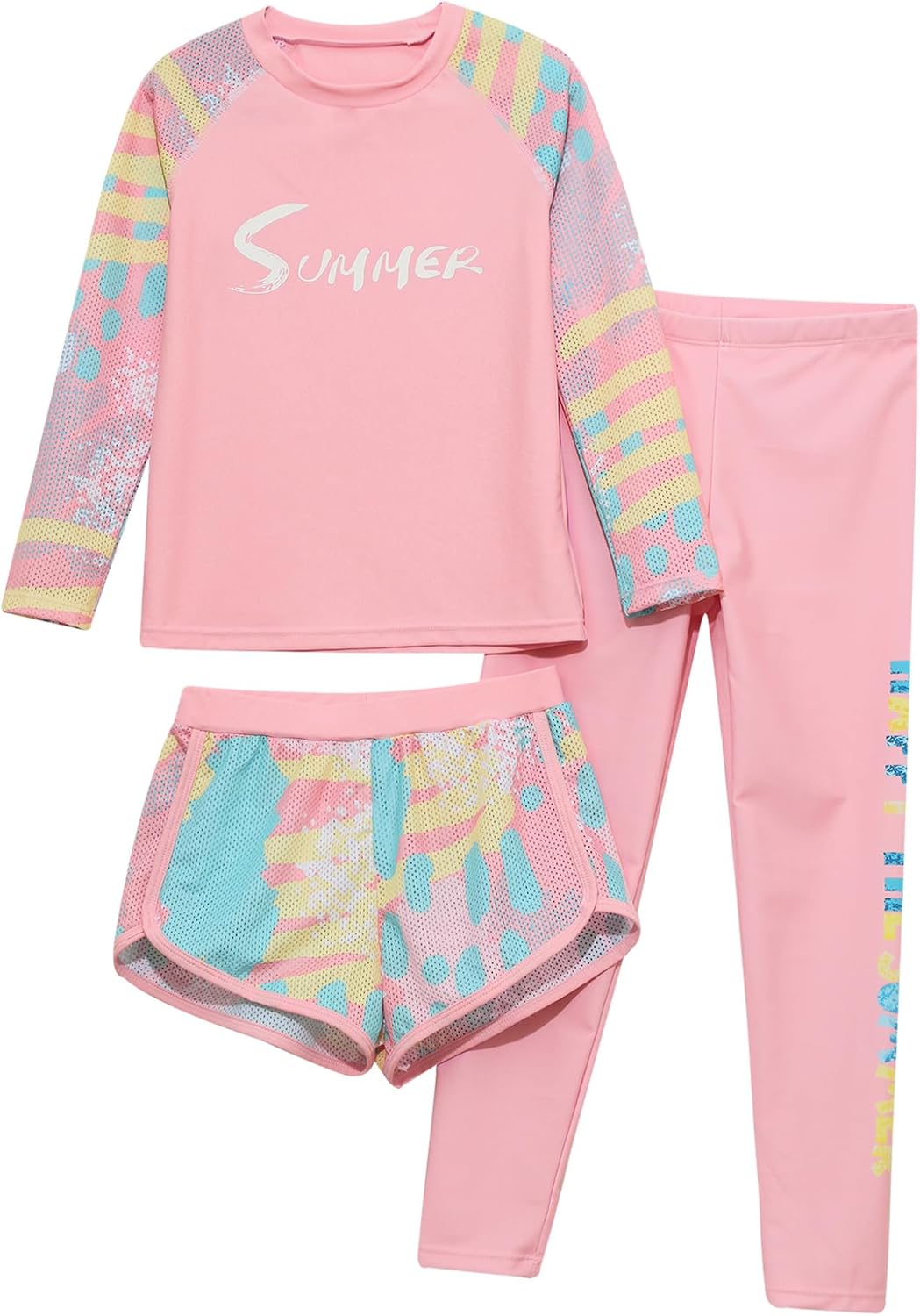Unisex Girls Boys 3 Pcs Athletic Swimsuit UPF 50+ Rash Guard Sets Swim Top Boyshorts with Pants