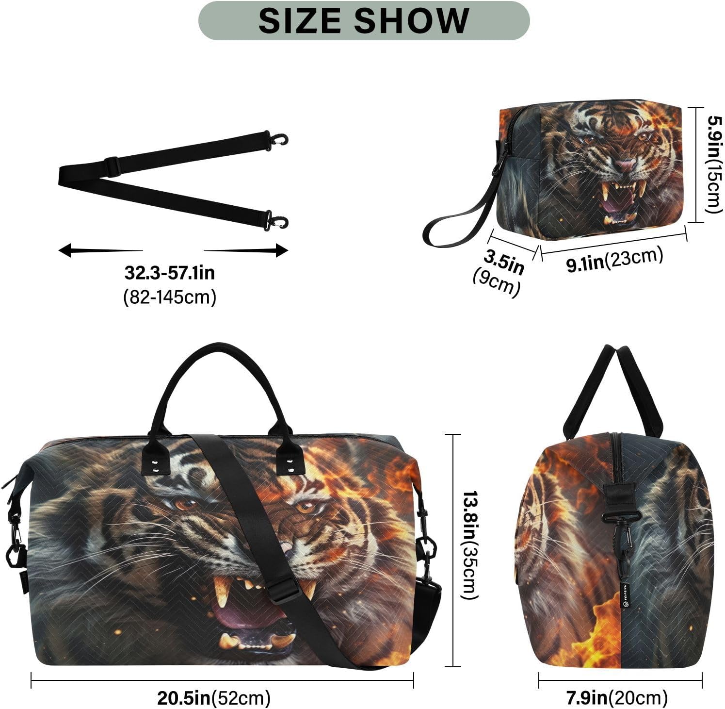 Flame Fierce Tiger Travel Duffel Bag Large Capacity Weekender Bag with Toiletry Bag Detachable Shoulder Strap Travel Tote Bag for Women