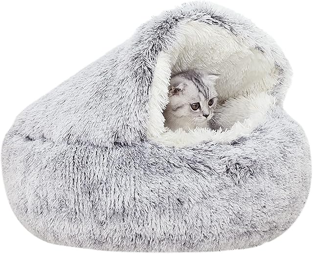 YUDANSI Cat Cave Bed, Covered Cat Bed for indoor outdoor Cats Calming Down, Burrowing Cat Small Dog Bed with Large Hood for Anti Anxiety, Non-Slip Plush Faux Fur Nest with Ceiling Kitten Puppy Pet Bed
