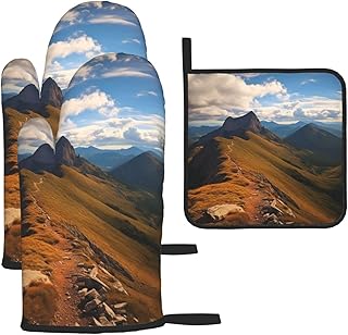 Pinnacle Peak Oven Mitts and Pot Holder Set of 3 Heat Resistant Oven Glove Set Non-Slip Potholders Kitchen Oven Gloves and Hot Pad for Baking Cooking Grilling BBQ Mitt