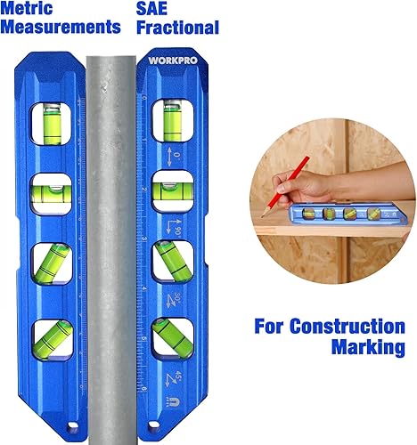 Miniatura 5 de WORKPRO Nivel de torpedo magnético de 8 pulgadas, construcción de aleación de aluminio, 4 frascos de burbujas para medidas de 0904530, azul cobalto