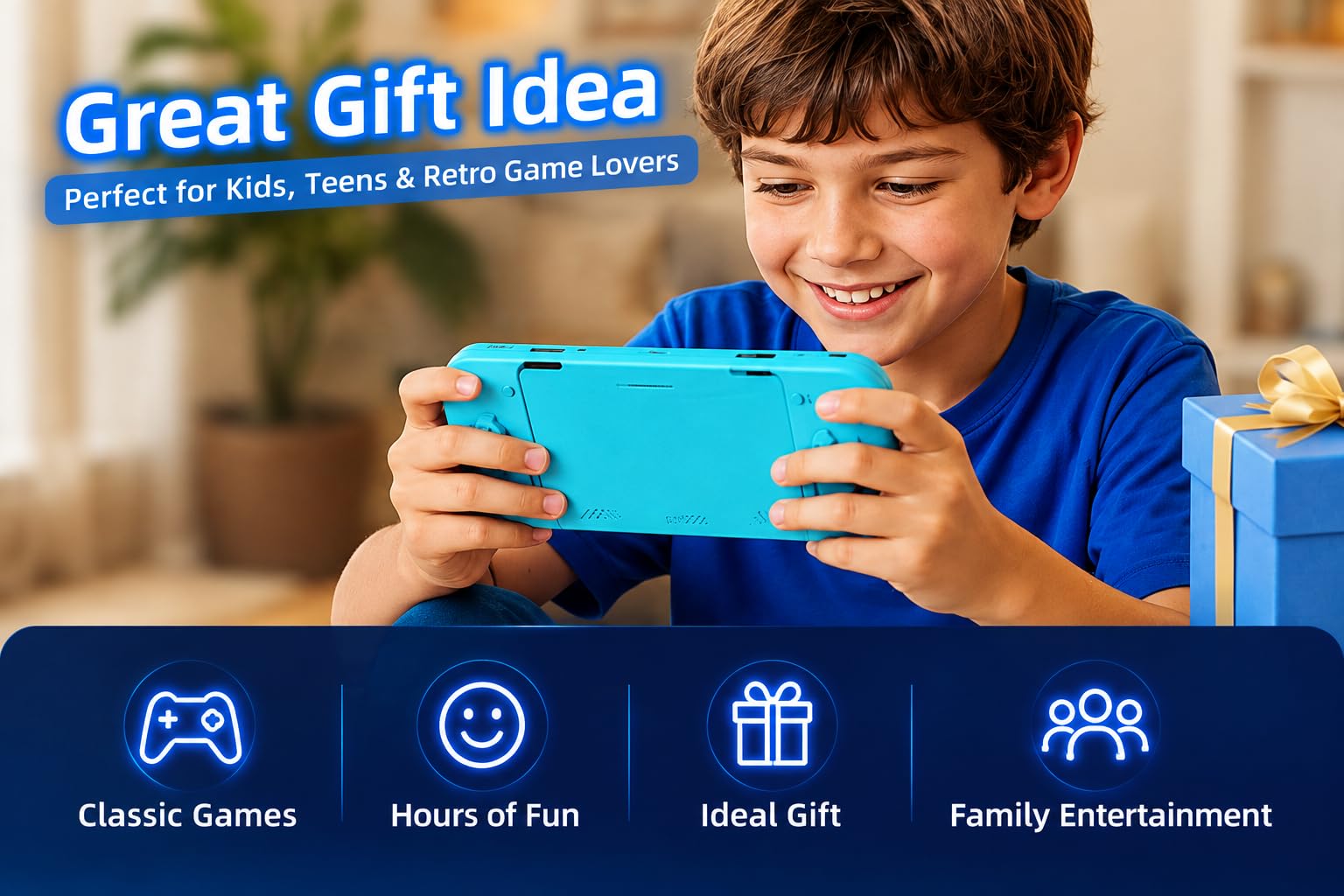 Q35 Console de jeu portable Open Source, écran HD de 3,5", stockage 64 Go, batterie rechargeable 4000 mAh, support de contrôleur, console de jeu portable pour adolescents et adultes, bleu